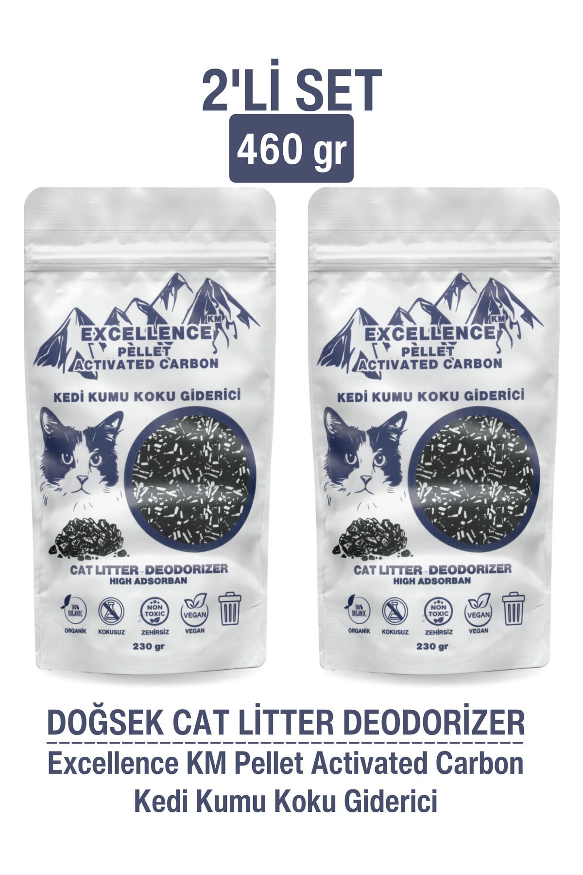 DOĞSEK Kedi Kumu Koku Giderici 2'li Set 460gr Eksellence Km Pellet Activated Carbon Pelet Aktif Karbon