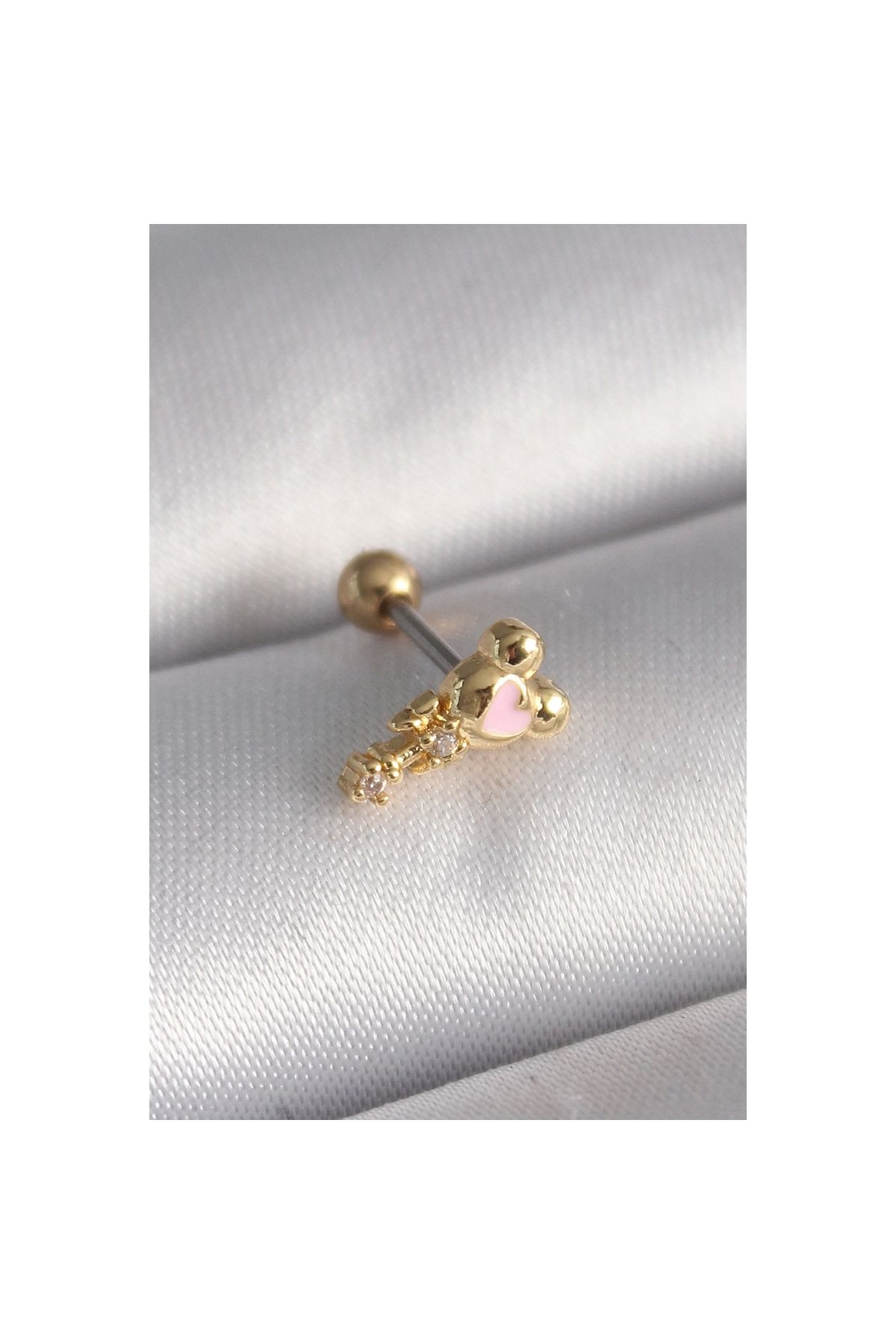 Marsilyan 316L Çelik Gold Renk Zirkon Taş Detay Pembe Kalp İşleme Tragus Piercing - TJ-PR1280