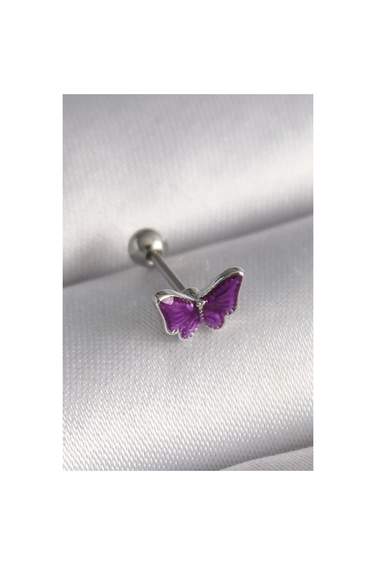 Marsilyan 316L Çelik Gümüş Renk Mor Kelebek Model Tragus Piercing - TJ-PR1287
