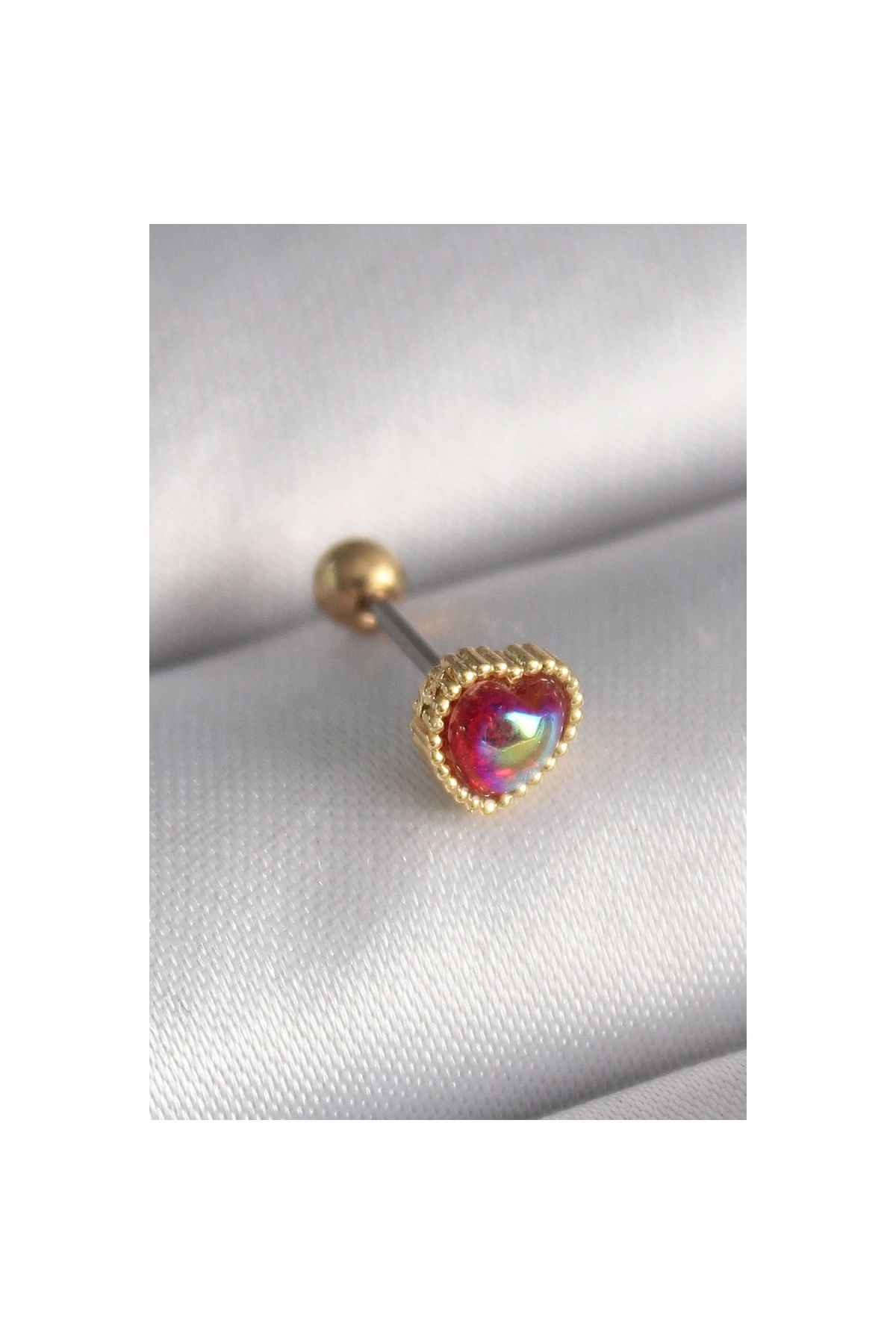 Marsilyan 316L Çelik Gold Renk Kırmızı Mineli Kalp Tragus Piercing - TJ-PR1266