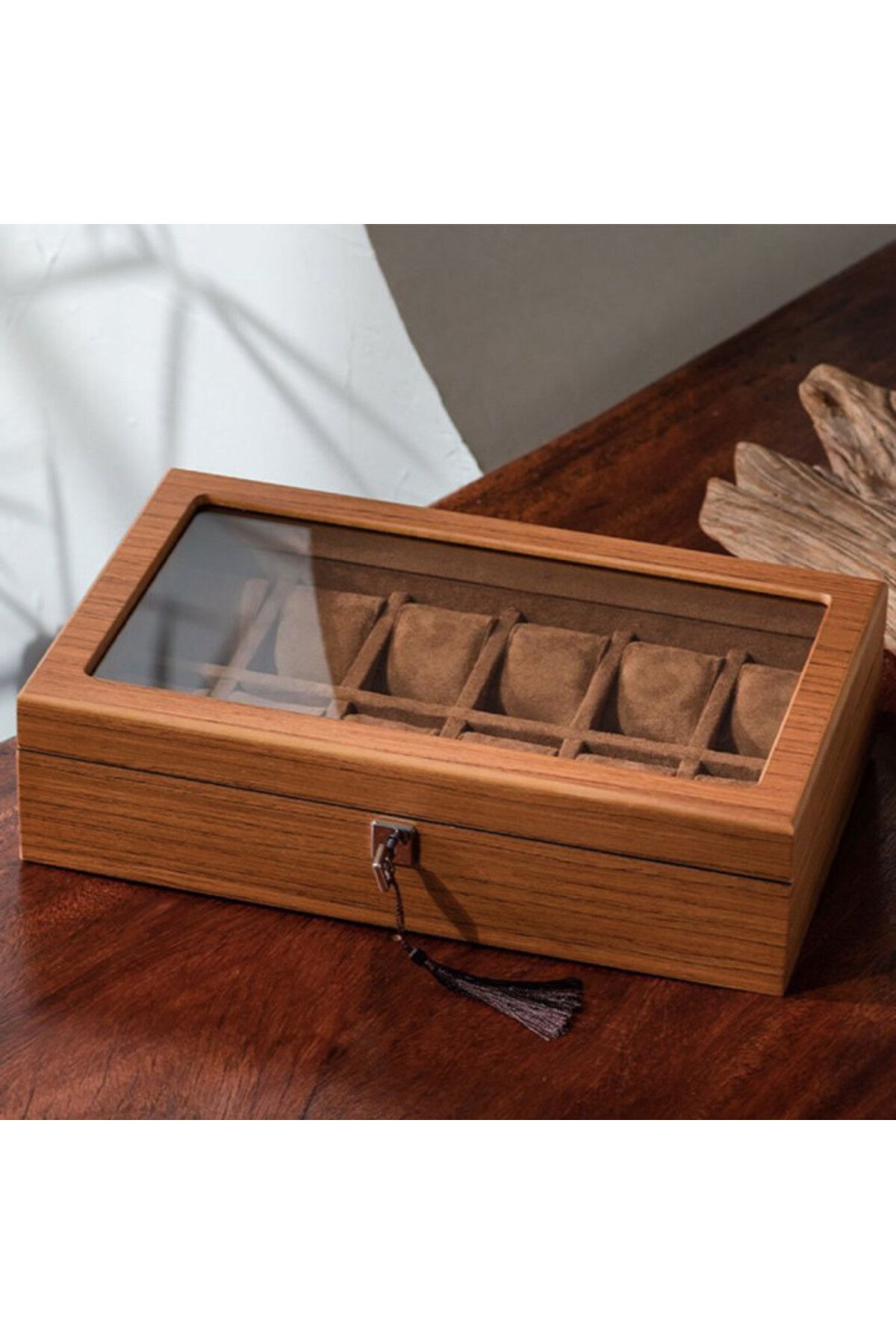 PUFO-Wooden Box For Storing And Organizing 12 Watches, Elite Edition Model, With Key, Brown 7