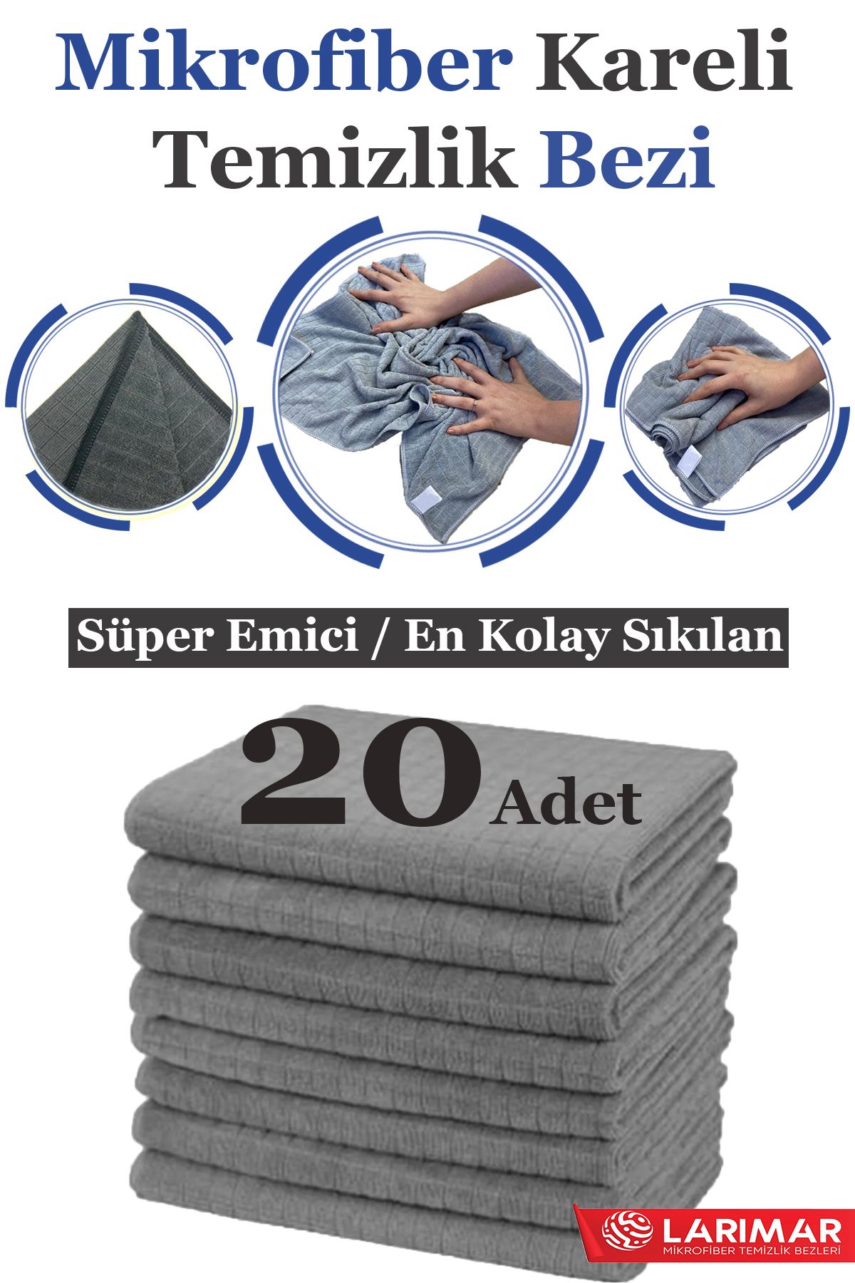 Larimar 20 Adet Jumbo Boy Mikrofiber Kareli Temizlik Bezi Duvar Ve Yer Silme Bezi Sıkılması En Rahat 50*70cm
