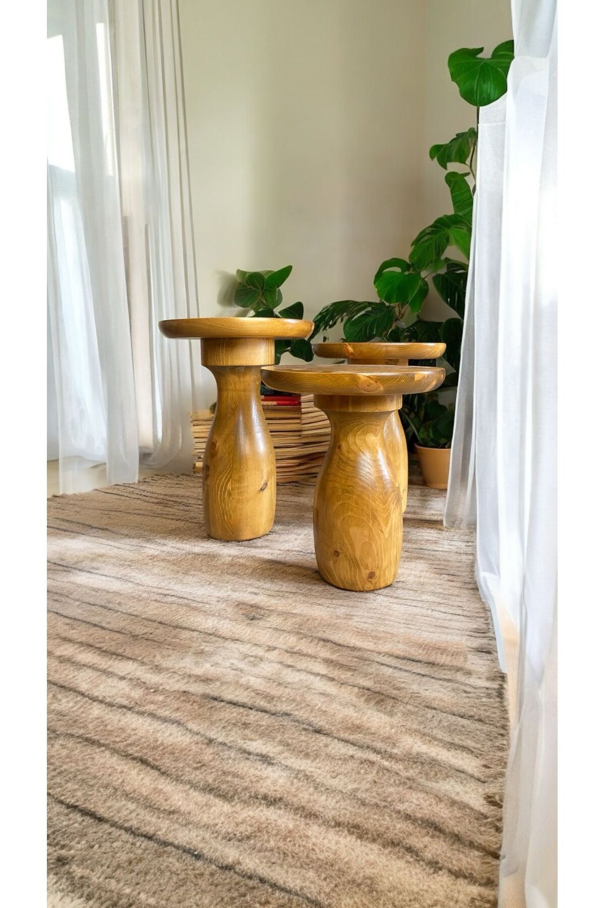 Simillo Home&Living Wood Wooden Ahşap 3’lü Set Vazo Model Mantar Yan Sehpa Modern Tütün Renk Fiskos