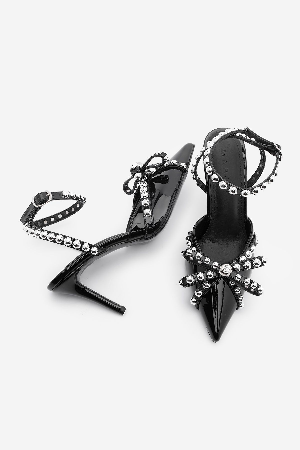 Marjin-Black Patent Leather Lerno - Stiletto Shoes with Trock and Stone Bow 8