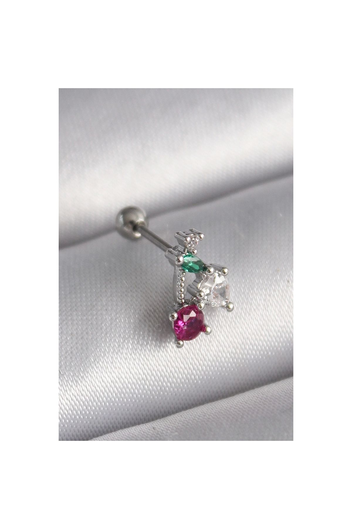 Marsilyan 316L Çelik Gümüş Renk Zirkon Taşlı Tragus Piercing - TJ-PR1227