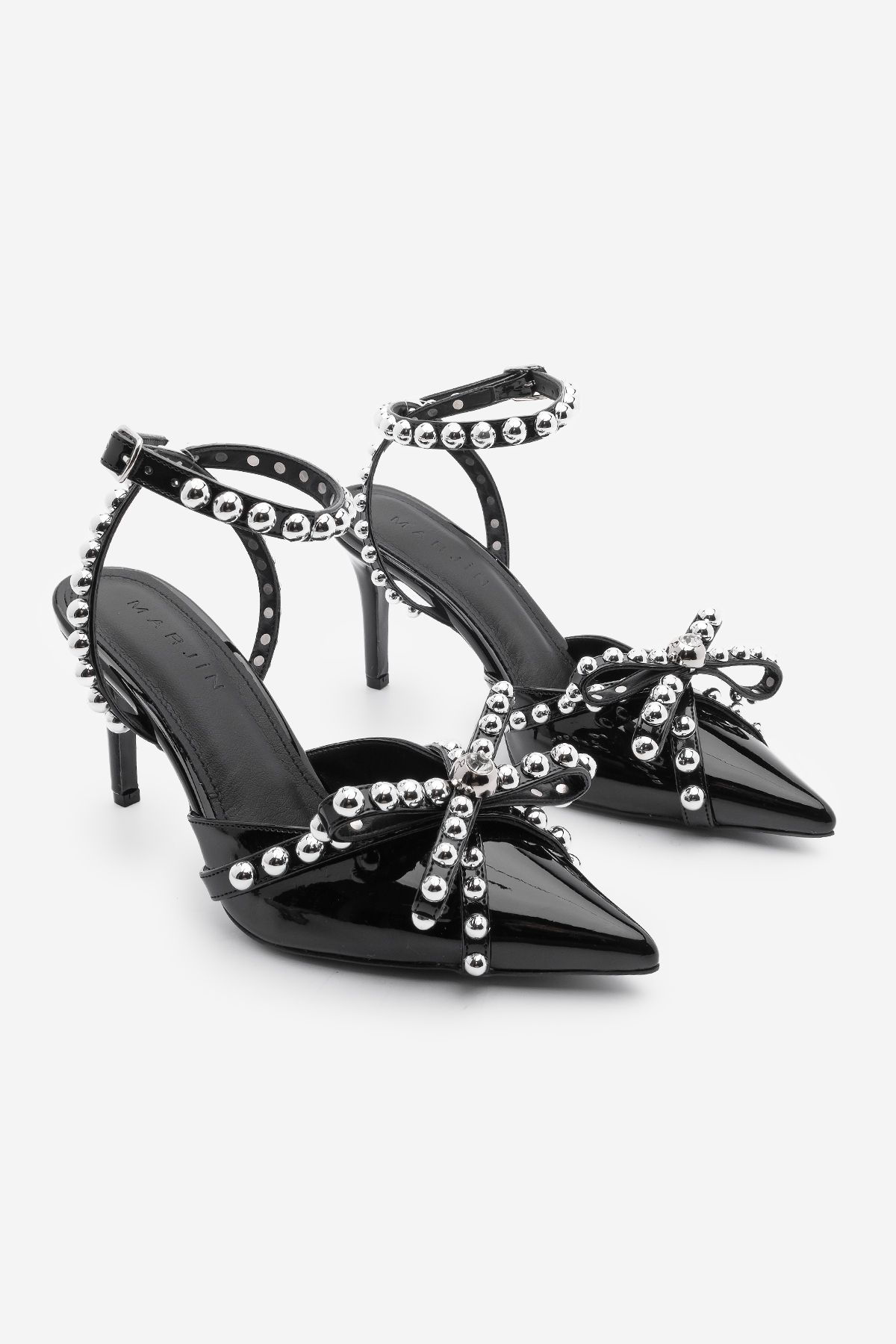 Marjin-Black Patent Leather Lerno - Stiletto Shoes with Trock and Stone Bow 7