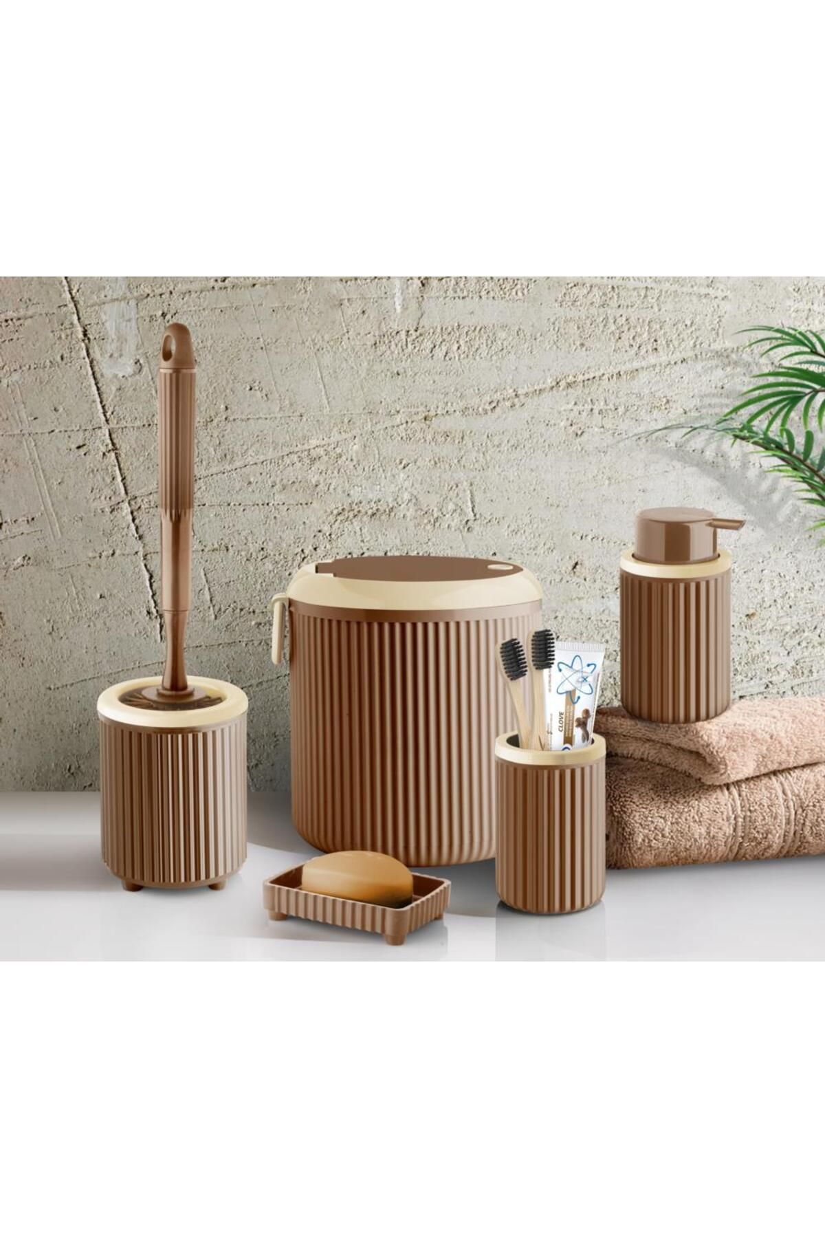SİHİRLİ AYAKLAR 5 Parça Banyo Set Çöp Kovası WC Fırçası Sıvı Sabunluk Diş Fırçalık Katı Sabunluk Gri veya Kahverengi