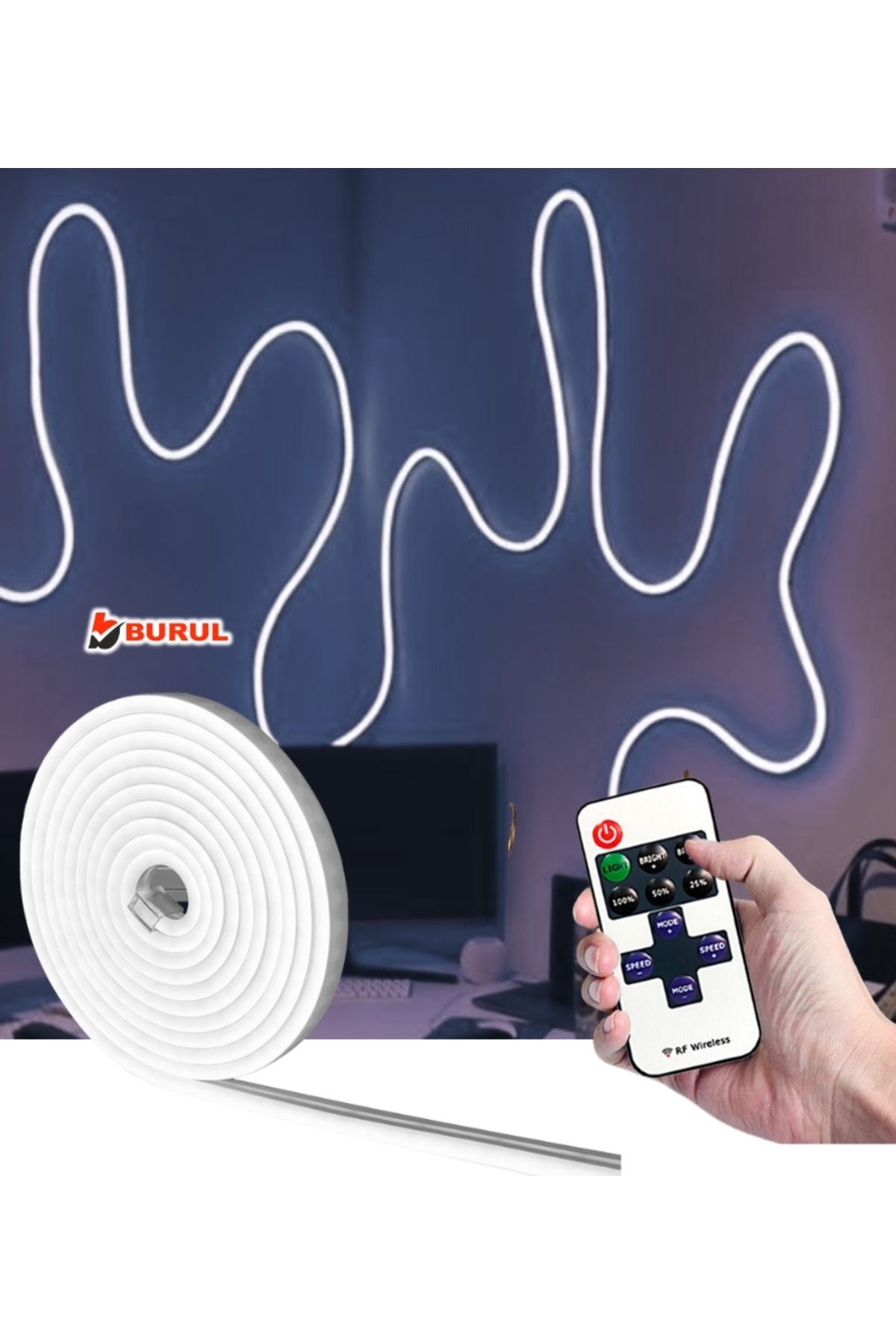 burul SB-6512 2.5 Metre Beyaz Işık Esnek Neon Led Şerit Işık Dimmer Kumandalı Dekoratif Aydınlatma Seti