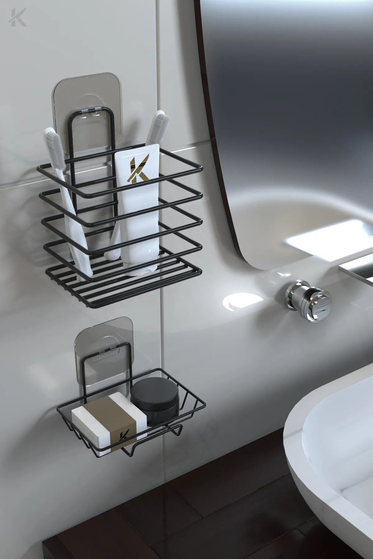 LA-CE HOME Paslanmaz Metal Banyo Duvar Organizeri - Yapışkanlı Diş Fırçalık ve Sabunluk Seti - 2'li Süper Set