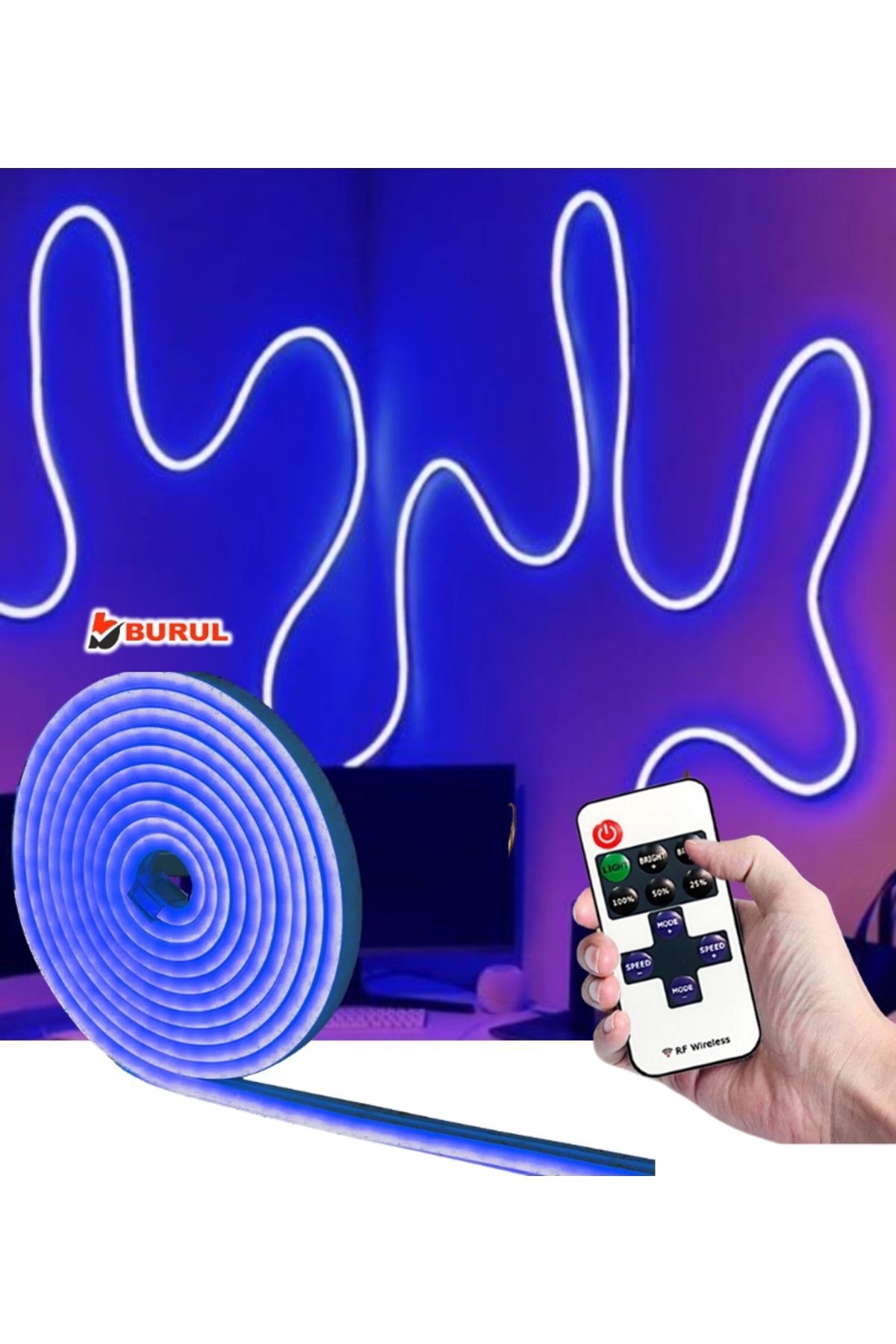 burul SB-6512 5 Metre Mavi Işık Esnek Neon Led Şerit Işık Dimmer Kumandalı Dekoratif Aydınlatma Seti