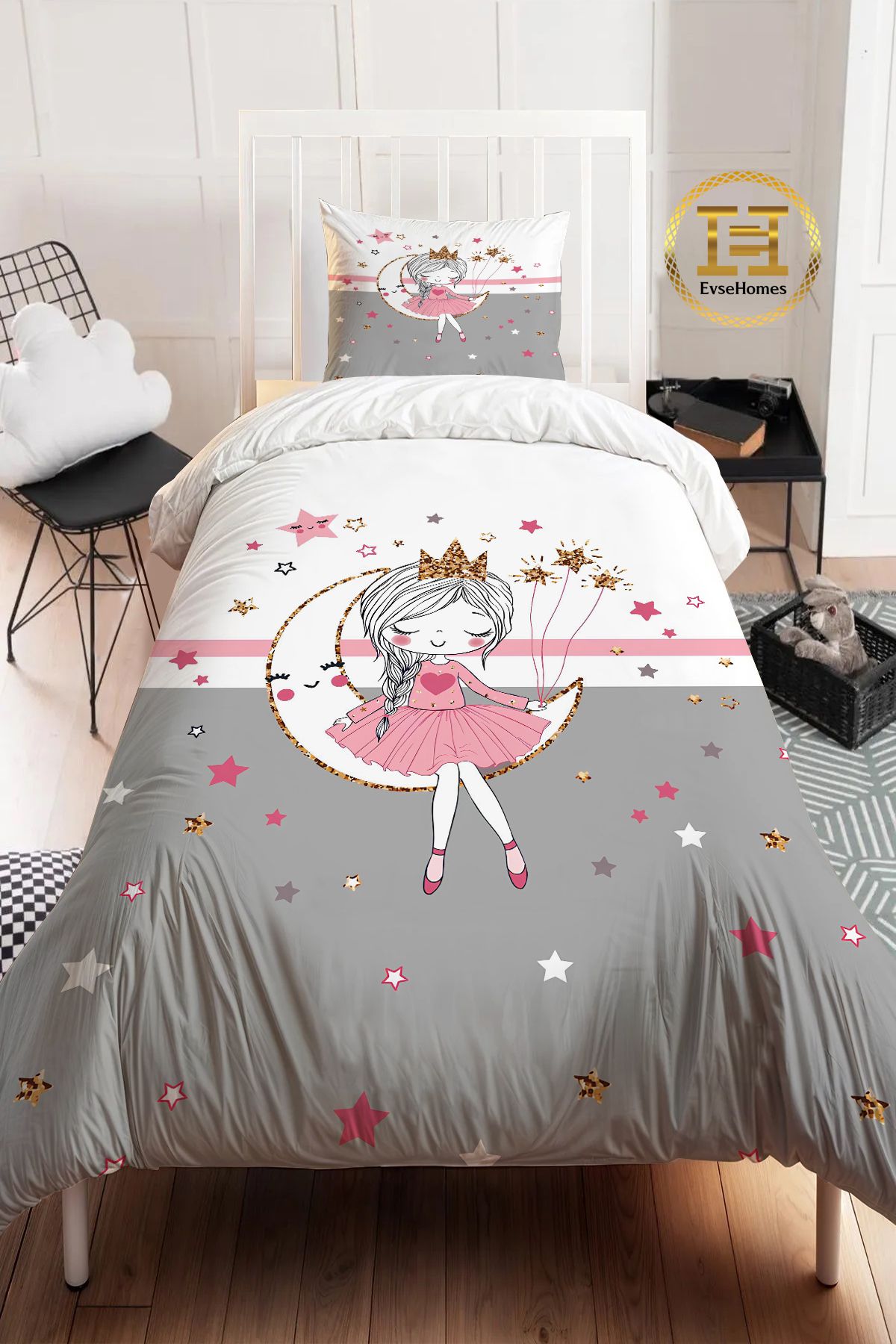 EVSEHOMES GRİ PEMBE ŞERİTLİ AYDA KIZ NEVRESİM TAKIMI