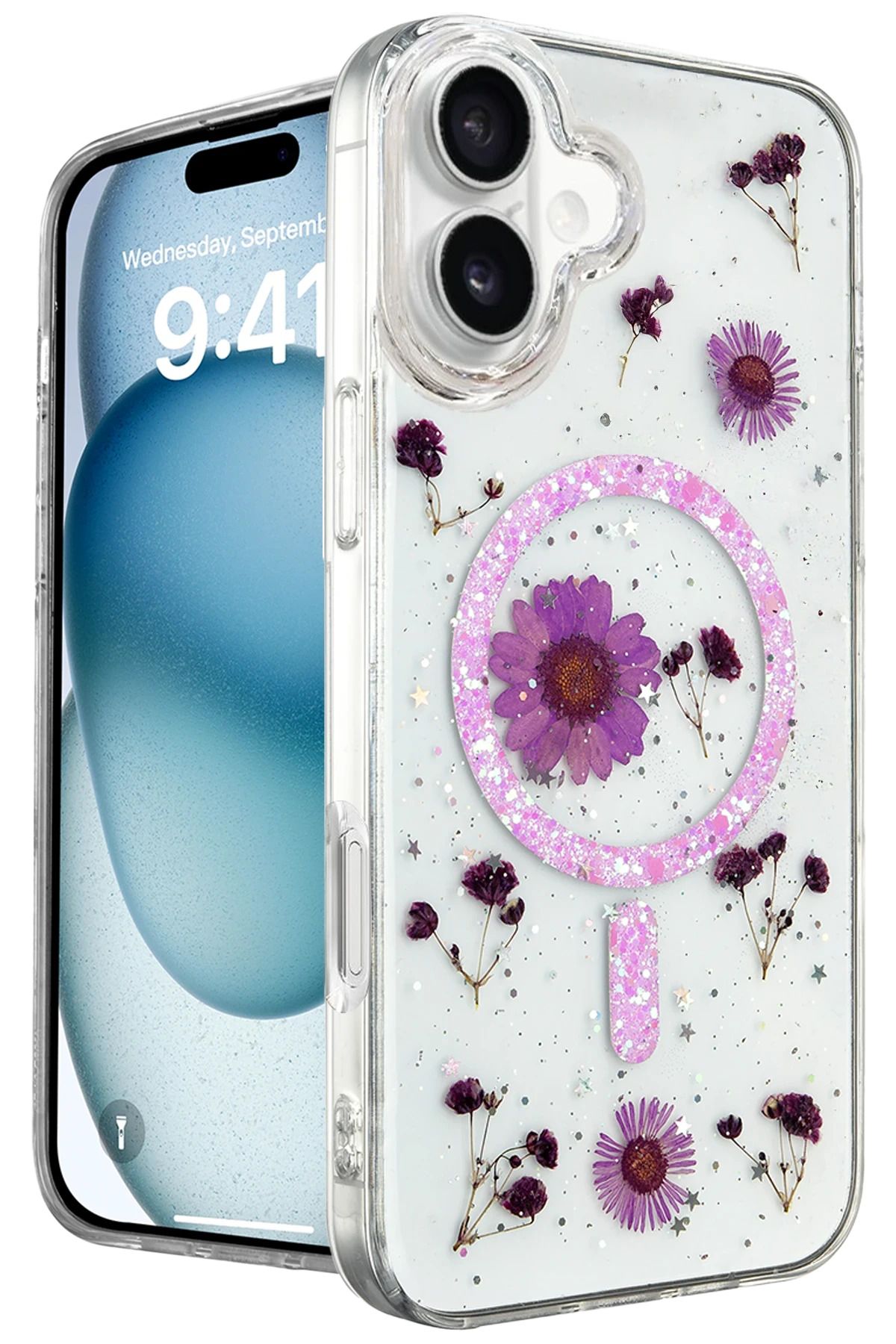 NewFace iPhone 16 Kılıf Daisy Simli Magsafe Kapak - Mor INSLM