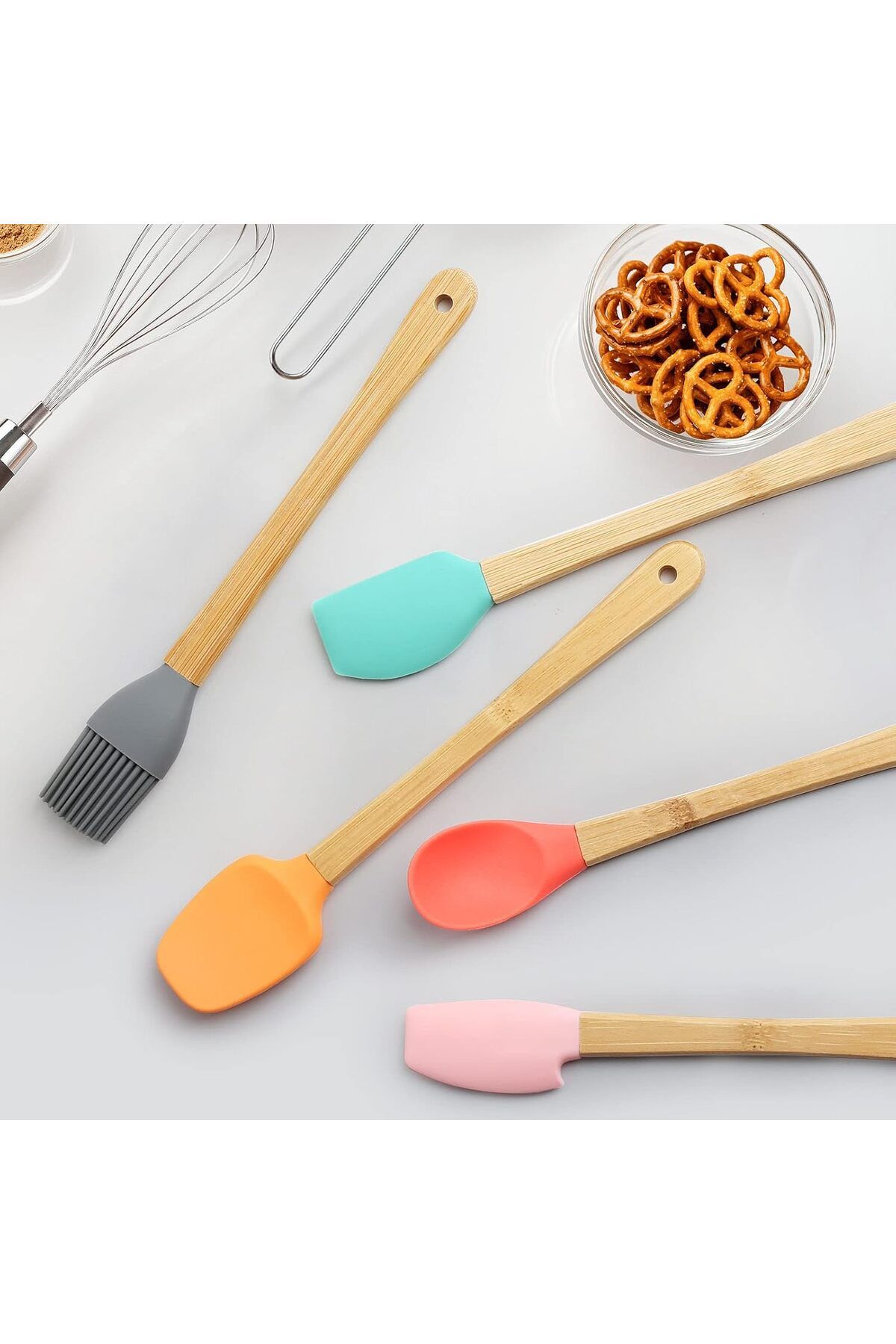 Buzka Spatula Seti 5'Ii Isıya Dayanıklı Silikon Bambu Renkli Spatula Seti Silikon Kaşık Spatula Seti