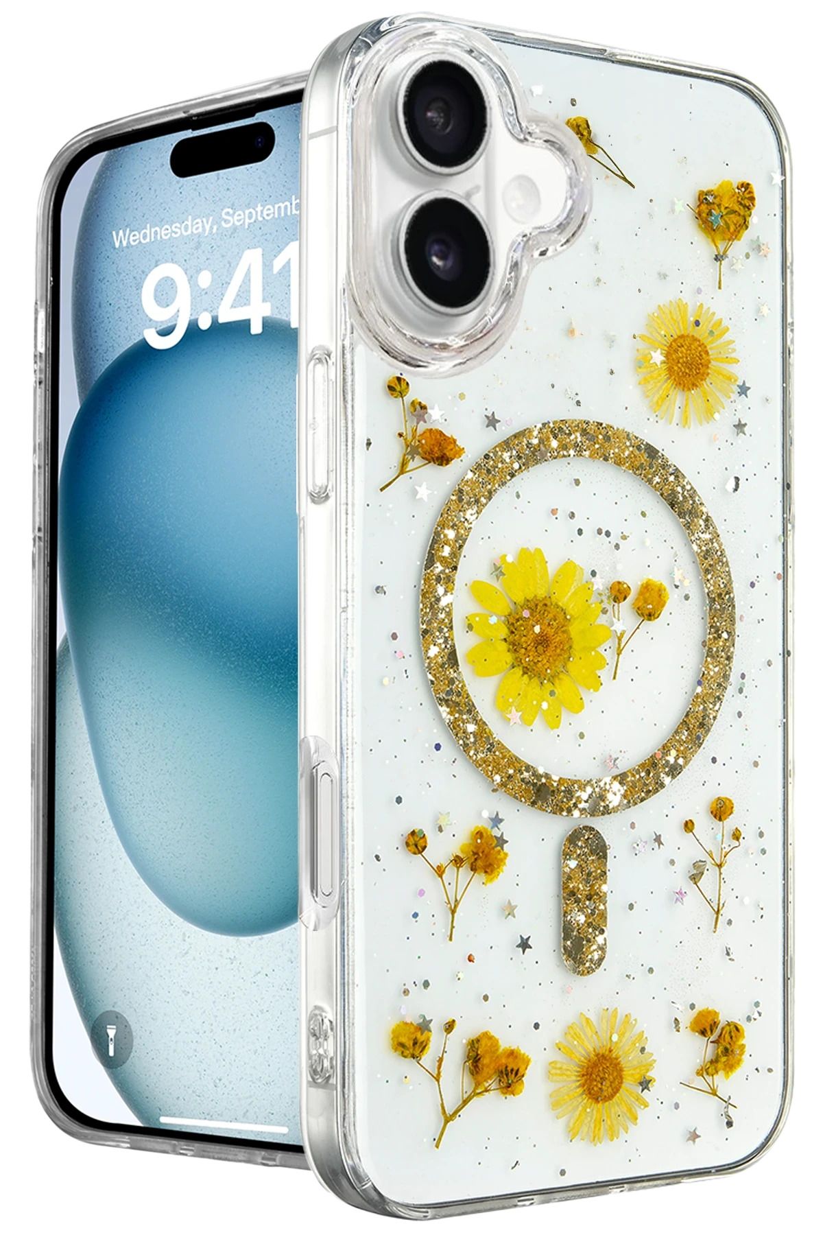 NewFace iPhone 16 Kılıf Daisy Simli Magsafe Kapak - Gold YNSMR