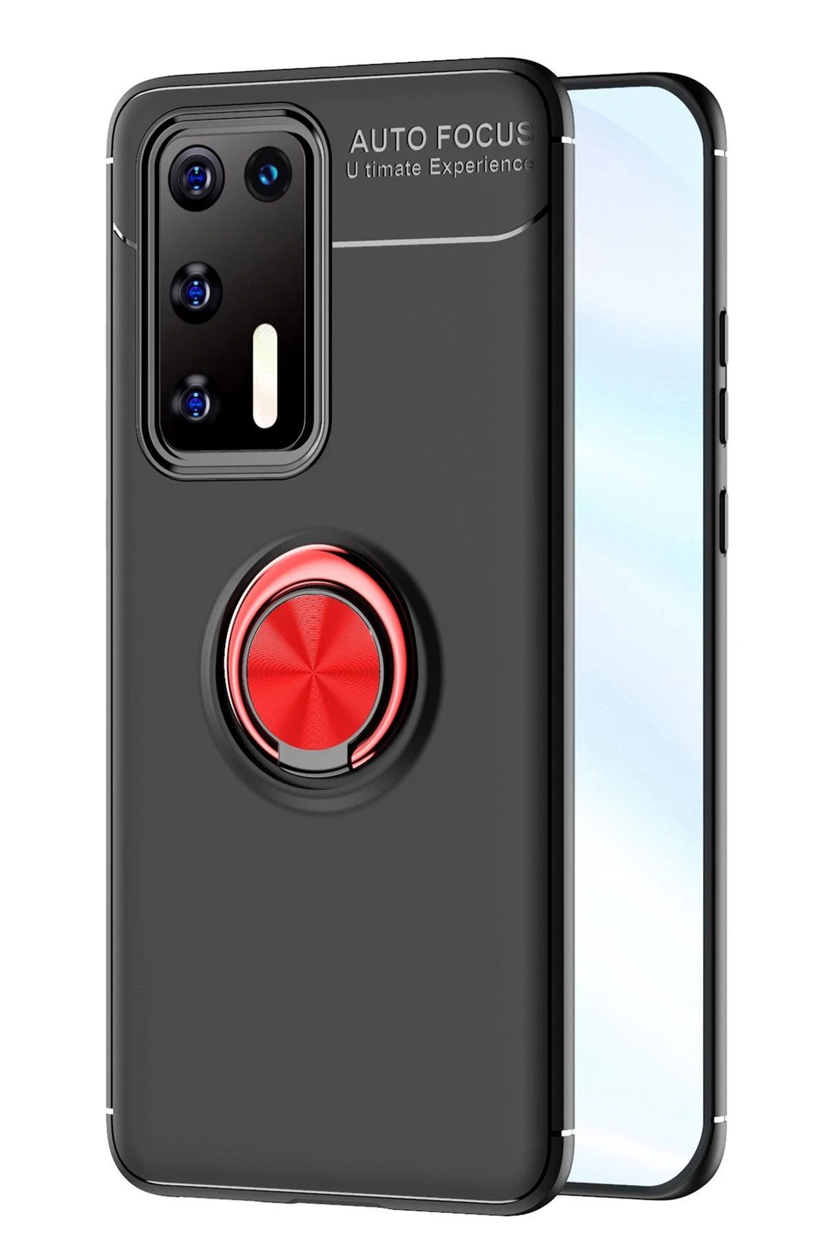NewFace Huawei P40 Kılıf Range Yüzüklü Silikon - Siyah-Kırmızı HNZRN
