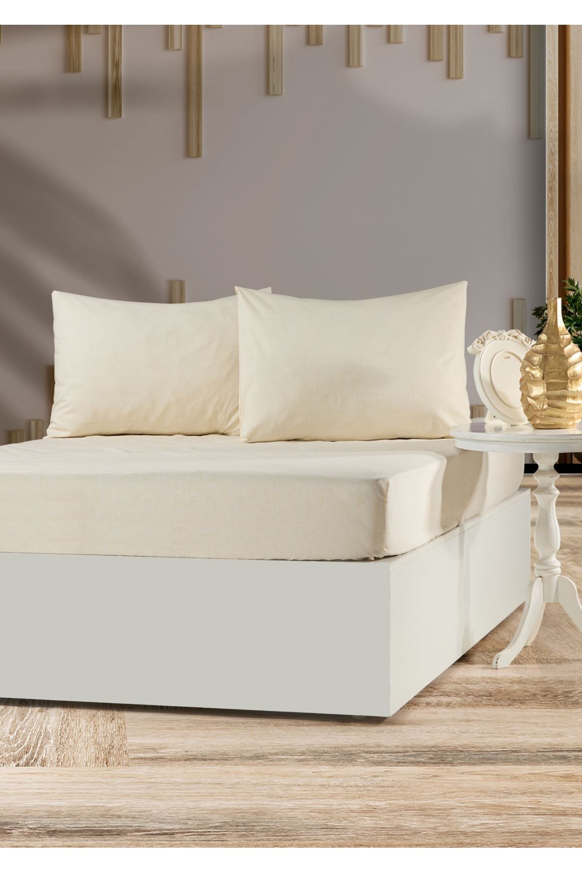 Sivalde-Double Fitted Cream Pillowcase Elastic Sheet Set 1