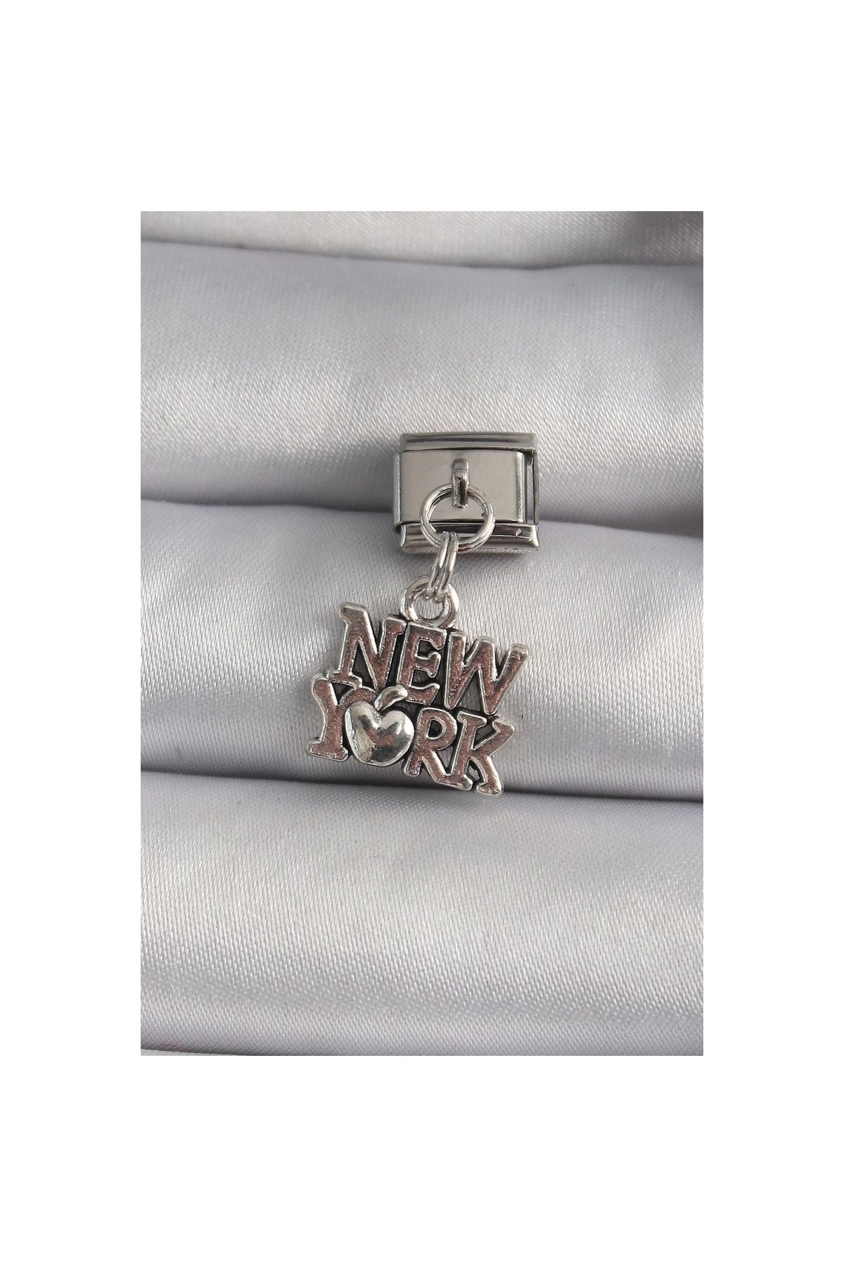 Marsilyan 316L Çelik Gümüş Renk Sallantı New York Yazı Model Nomination Charm - TJ-BC1120