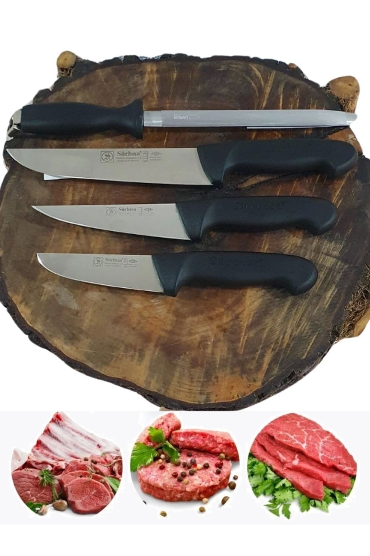 Handmade Sürmene Kasap Kurban Serisi Bıçak Seti Et Sebze Yüzme Sıyırma 3lü + Solingen 8 Bileyici