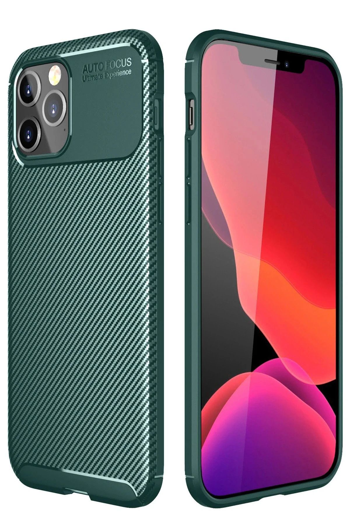 NewFace iPhone 11 Pro Max Kılıf Auto Focus Karbon Kapak - Yeşil INSLM