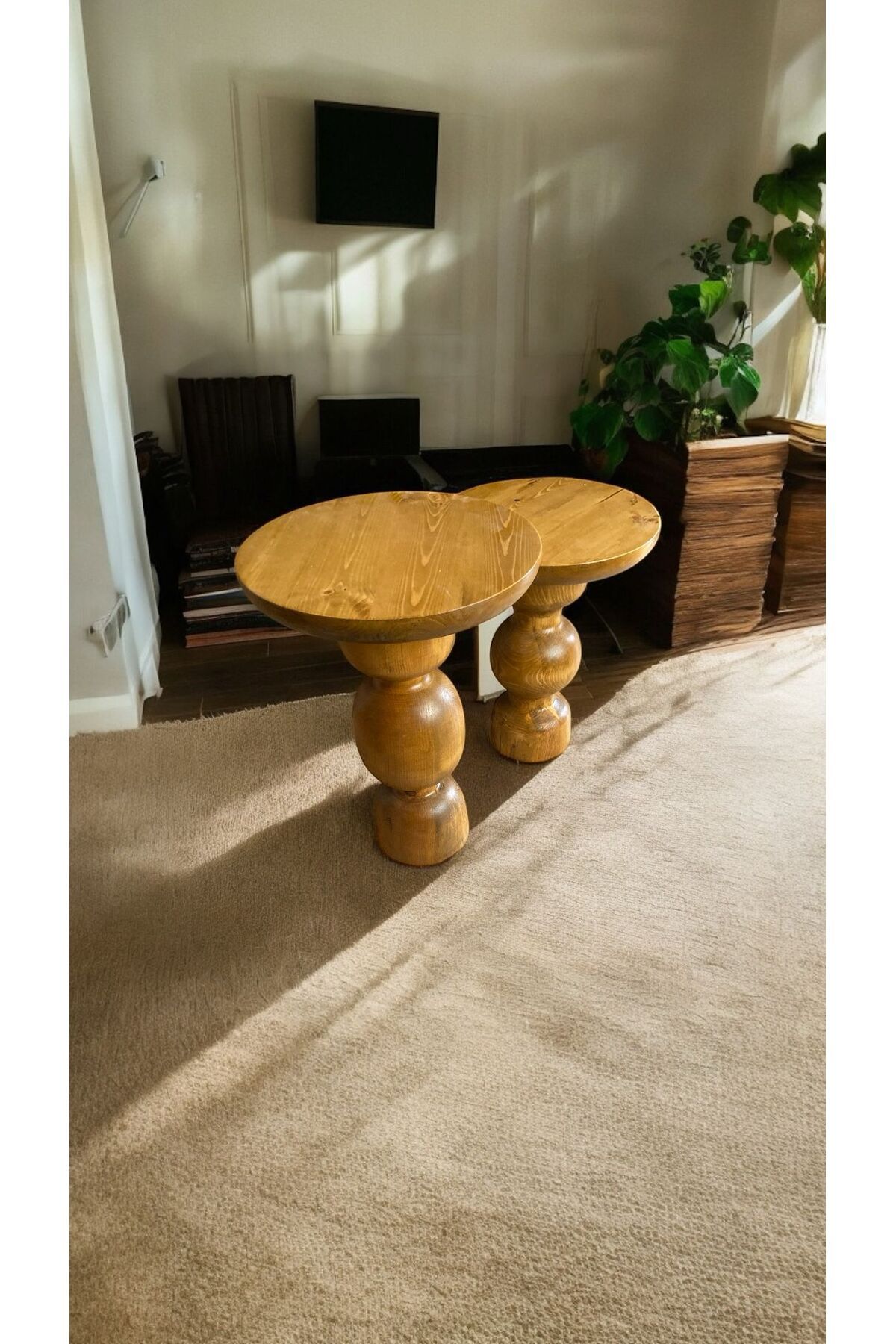 Simillo Home&Living Wood Ahşap 2'li Set Mantar Yan Sehpa Modern Fiskos / Tütün Renk / Zigon Sehpa Vernikli