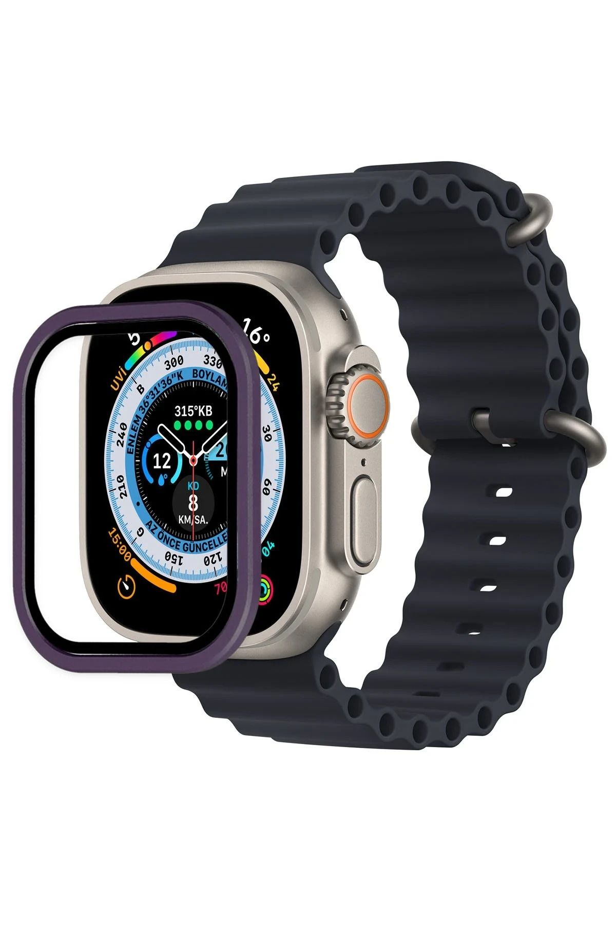 NewFace Apple Watch Ultra 49mm Alüminyum Kasa Cam Ekran Koruyucu - Mor INSLM
