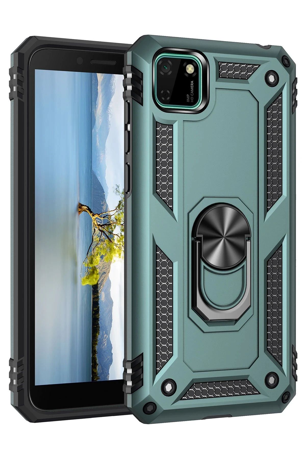 NewFace Huawei Y5P Kılıf Sofya Yüzüklü Silikon Kapak - Yeşil INSLM