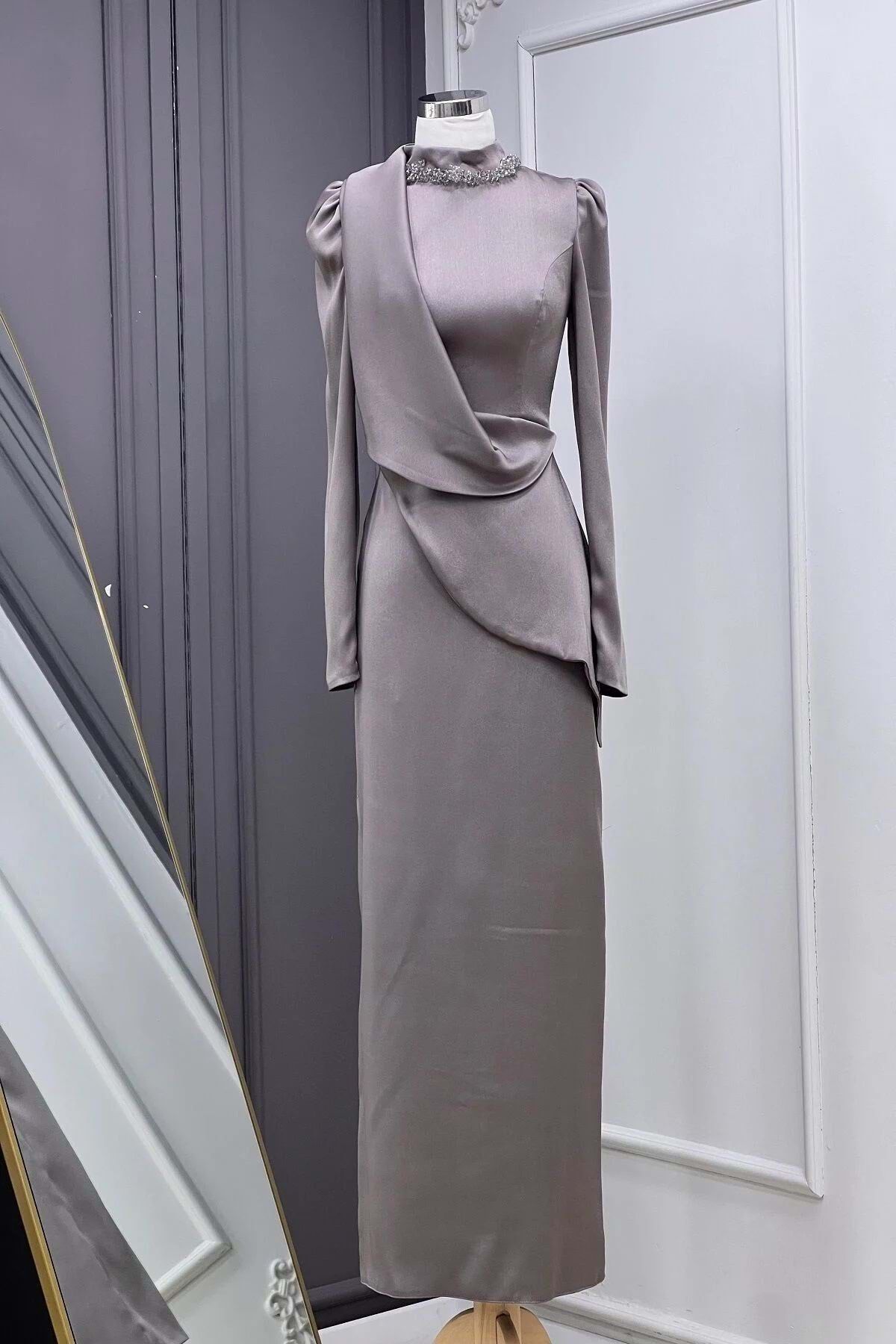 Hennin-24Y4792 Evening Dress with Piece Collar Beadwork Mink 1