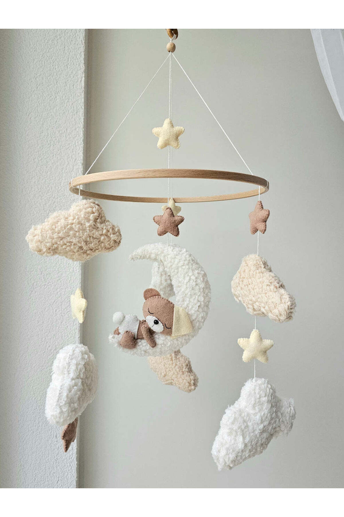 hobiimobiii Dönence (MÜZİKLİ) Bebek beşik süsü keçe dönence Teddy buklet kumaş uyuyan ayıcık fotoğrafı 3 (önizleme)