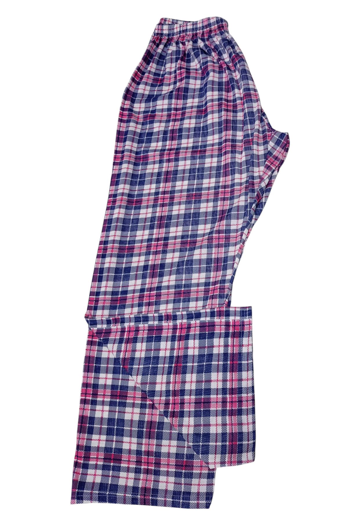 MYS Unisex Battal Lacivert Pembe Beyaz Ekoseli Penye Pijama Altı