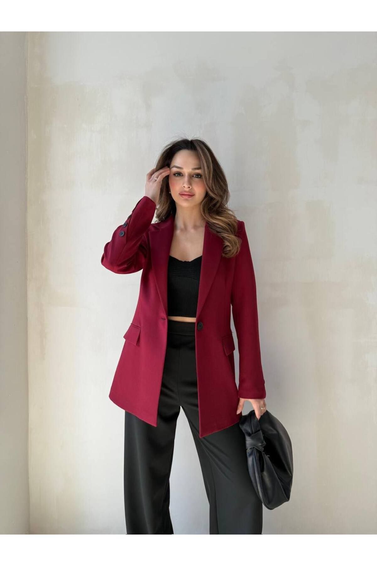 CinneMadonna Kadın Bordo Atlas Tek Düğme Blazer Ceket