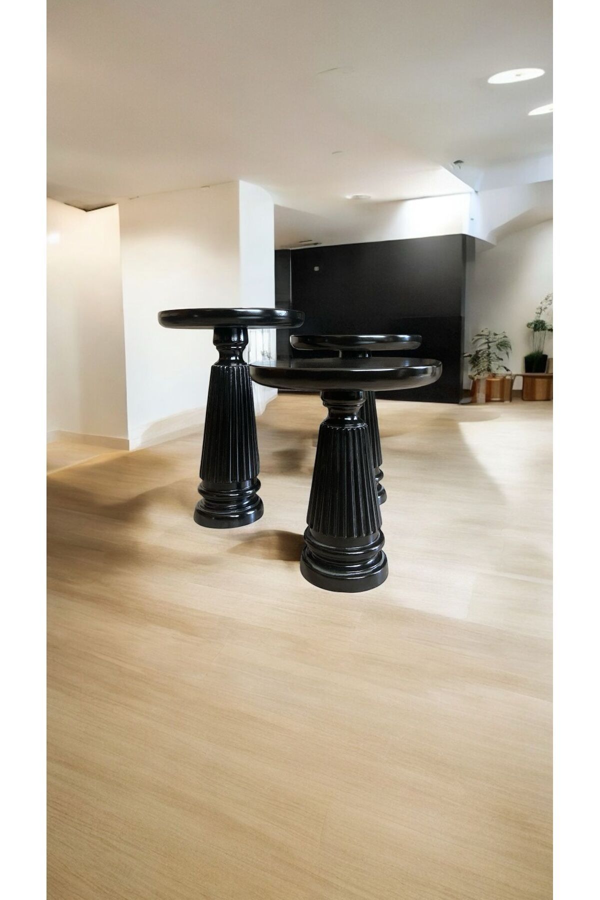 Simillo Home&Living Wood Wooden Ahşap 3’lü Set Vazo Model Mantar Yan Sehpa Modern Siyah Renk Fiskos