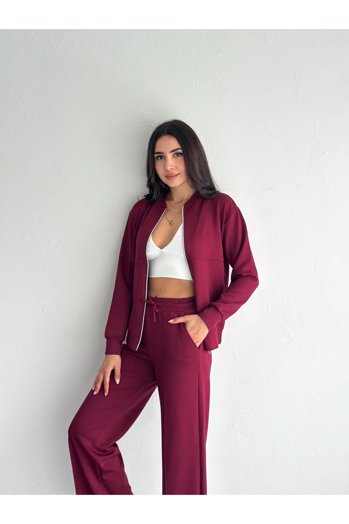 Women's Modal Fabric College Collar Wide Leg SET WITH Zipper Pockets