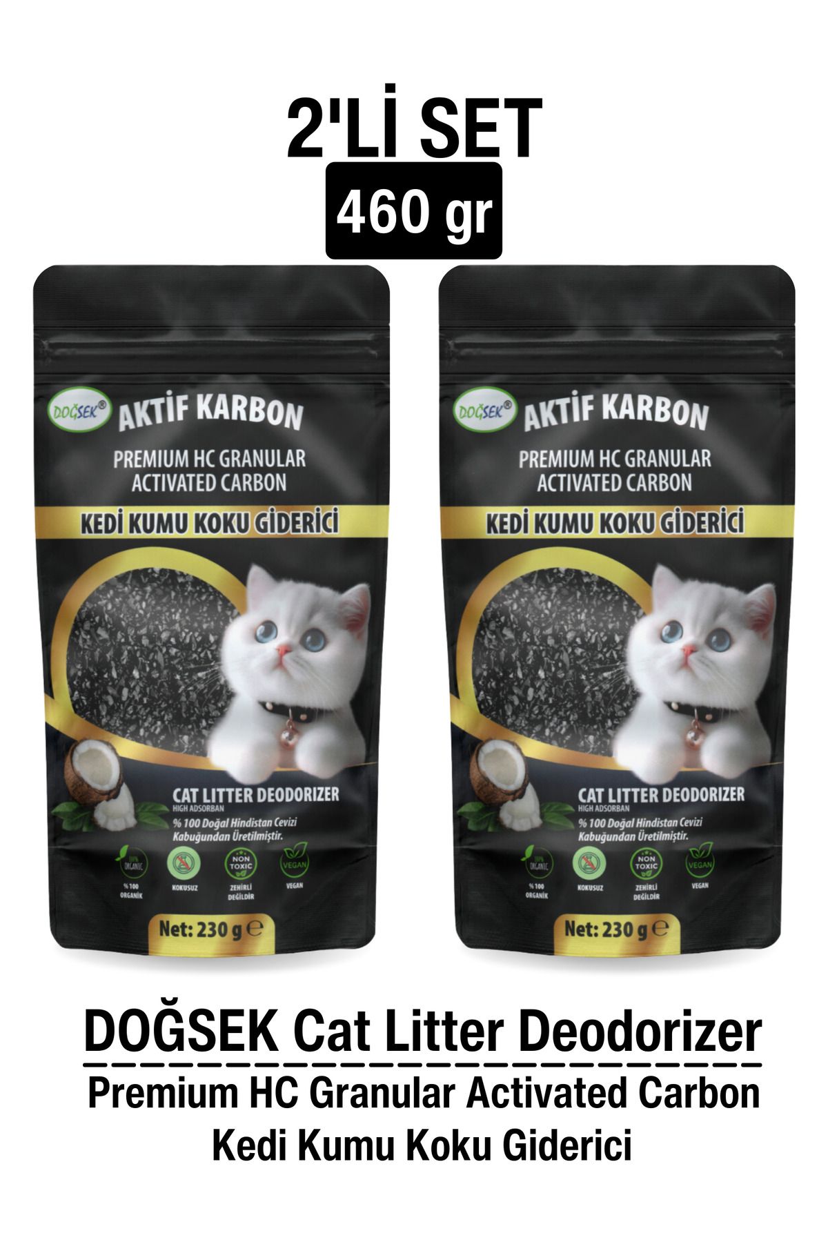 DOĞSEK Kedi Kumu Koku Giderici 2'li Set 460gr Premium Hc Granular Activated Carbon Coconut Aktif Karbon