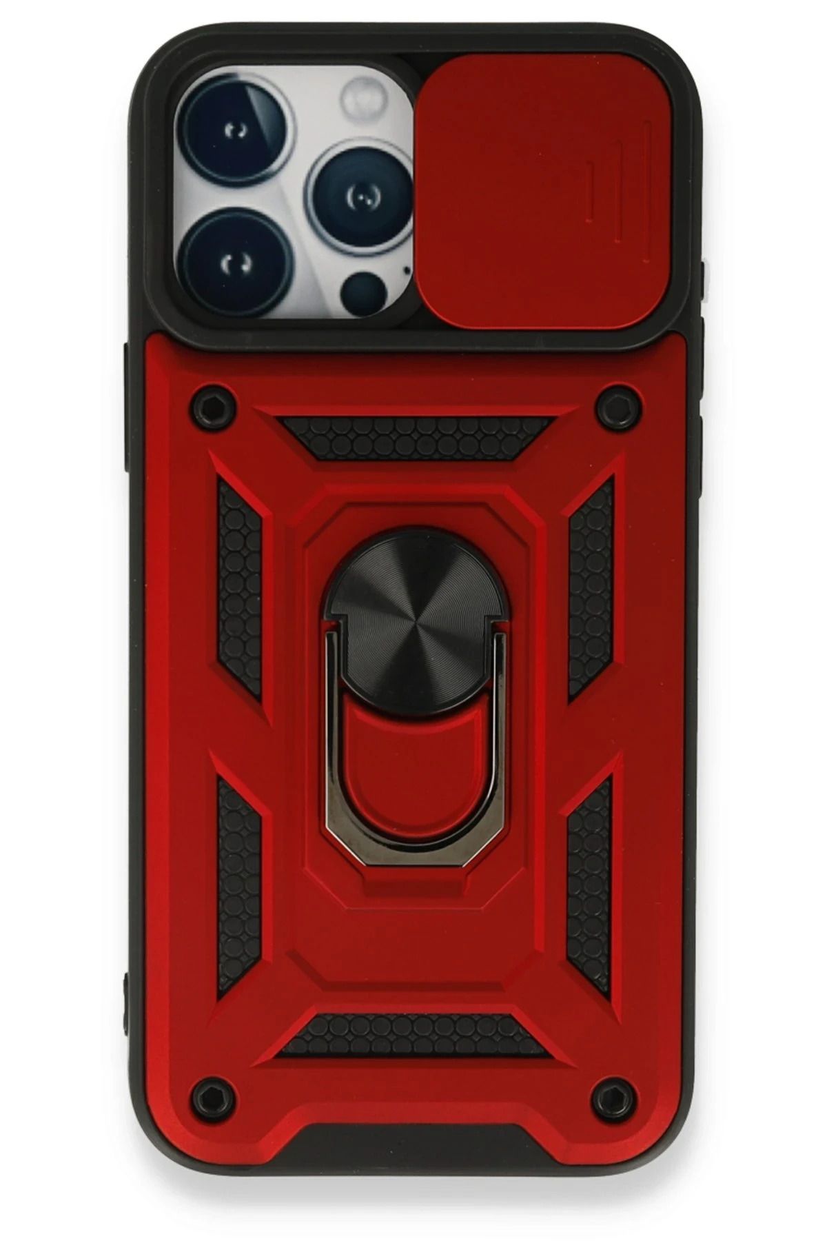 NewFace iPhone 15 Pro Max Kılıf Pars Lens Yüzüklü Silikon - Kırmızı HNZRN