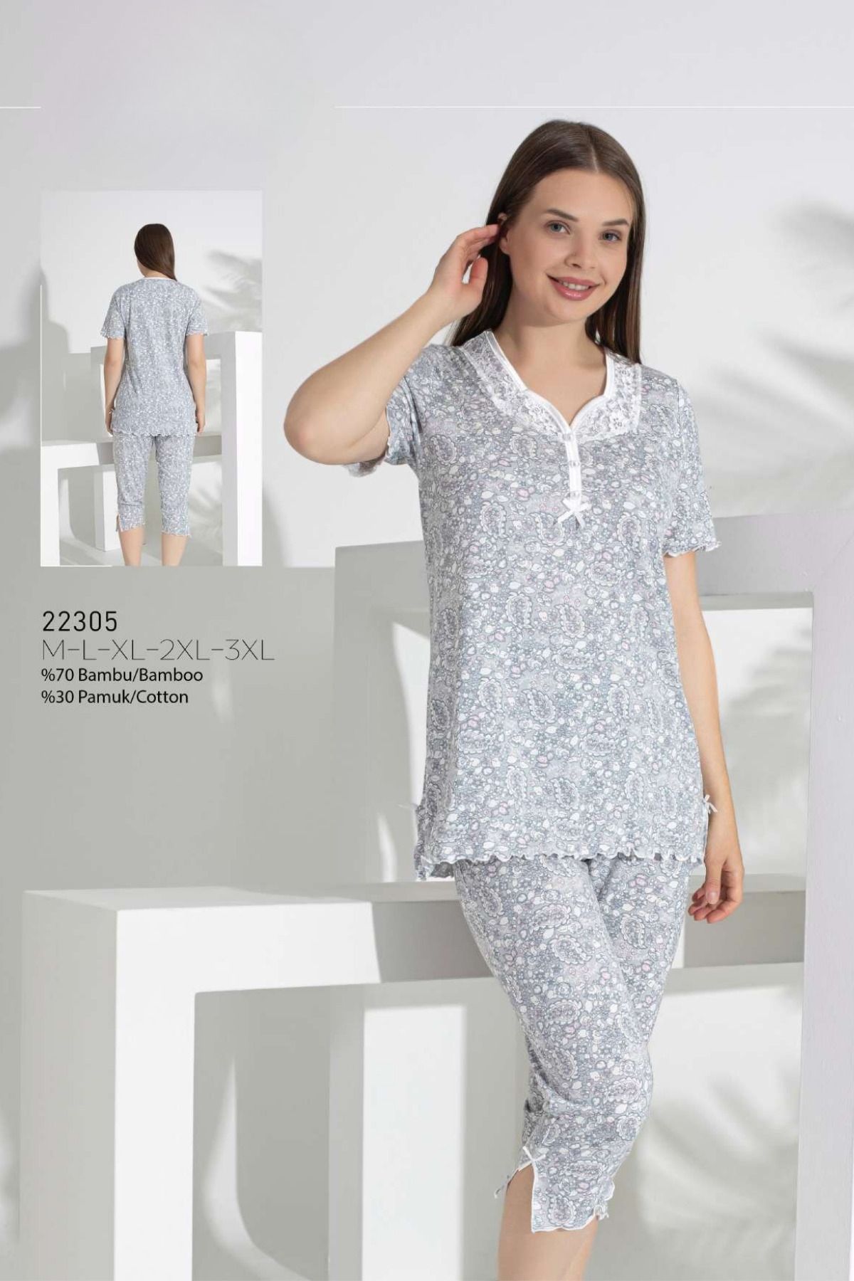 Anastasia Underwear Costum De Pijama Capri Cu Mânecă Scurtă De Vară În Față Cu Trei Nasturi Costum De Calitate Femeie - 2XL