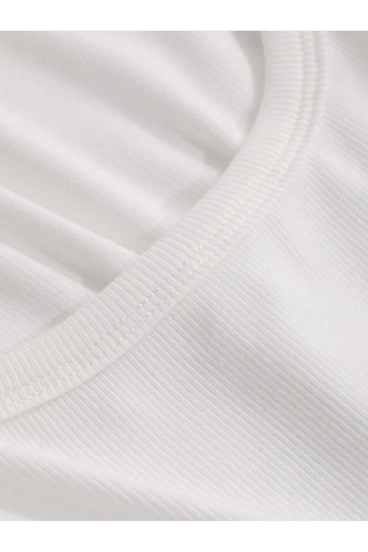 Teenage Millionaire  Kadın Beyaz U Yaka Kısa Kollu Fitilli Kaşkorse Body T-shirt - Görsel 4