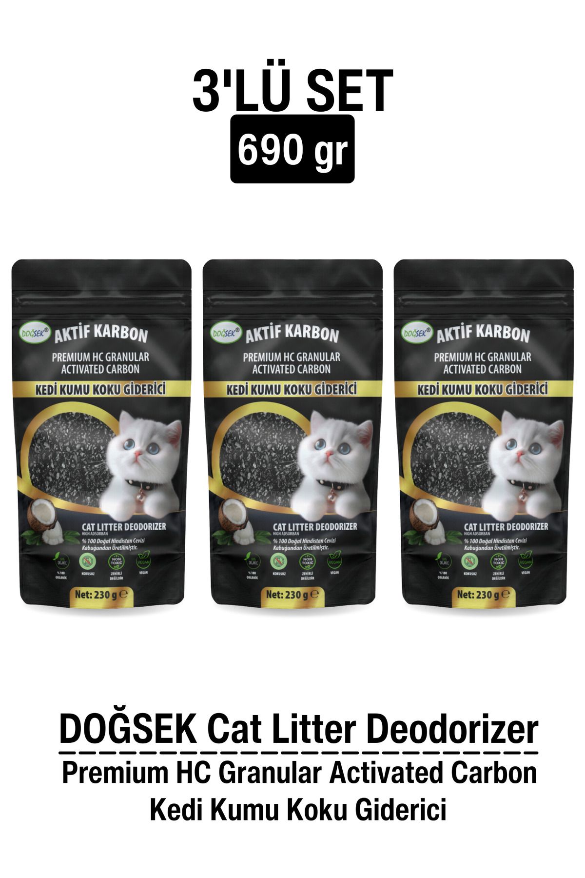DOĞSEK Kedi Kumu Koku Giderici 3'lü Set 690gr Premium Hc Granular Activated Carbon Coconut Aktif Karbon