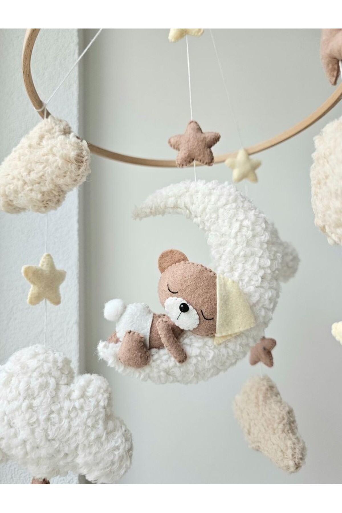 hobiimobiii Dönence (MÜZİKLİ) Bebek beşik süsü keçe dönence Teddy buklet kumaş uyuyan ayıcık fotoğrafı 2 (önizleme)