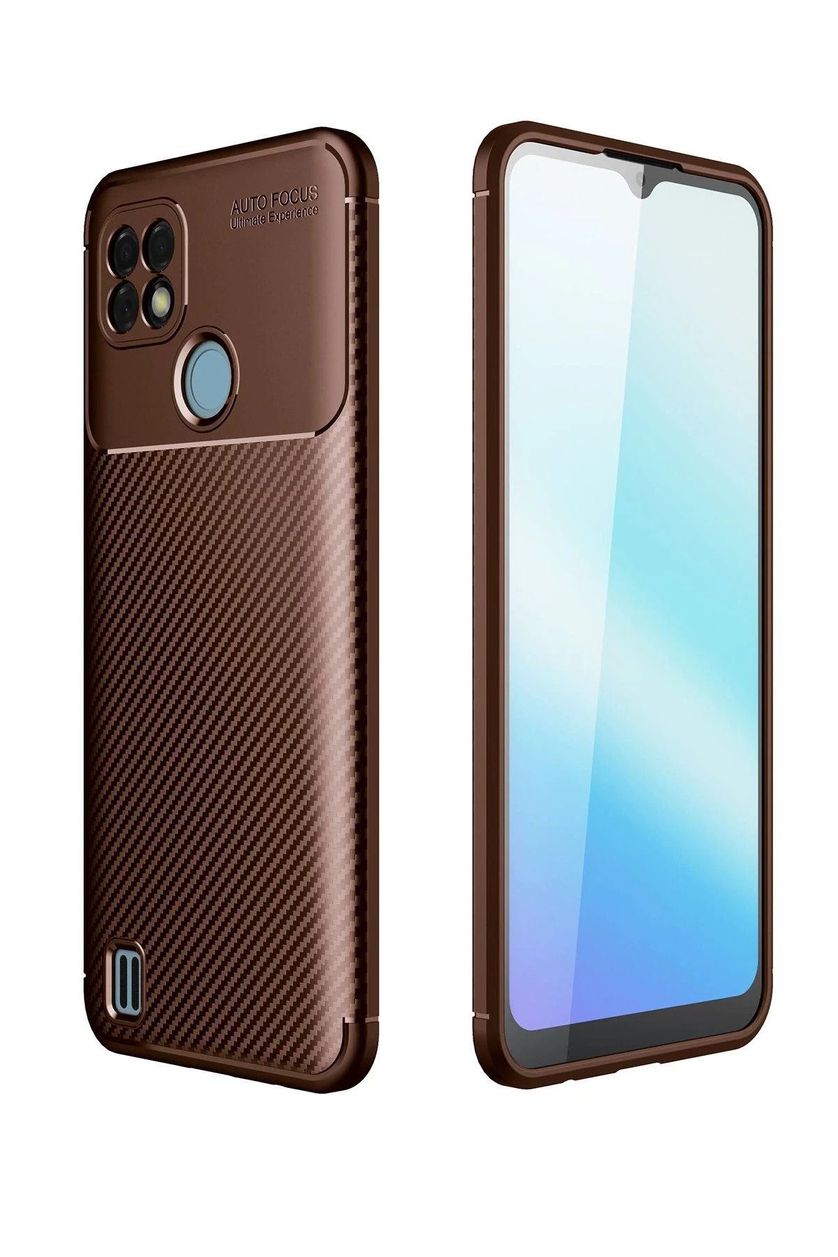 NewFace Realme C25 Kılıf Auto Focus Karbon Kapak - Kahverengi FERRG