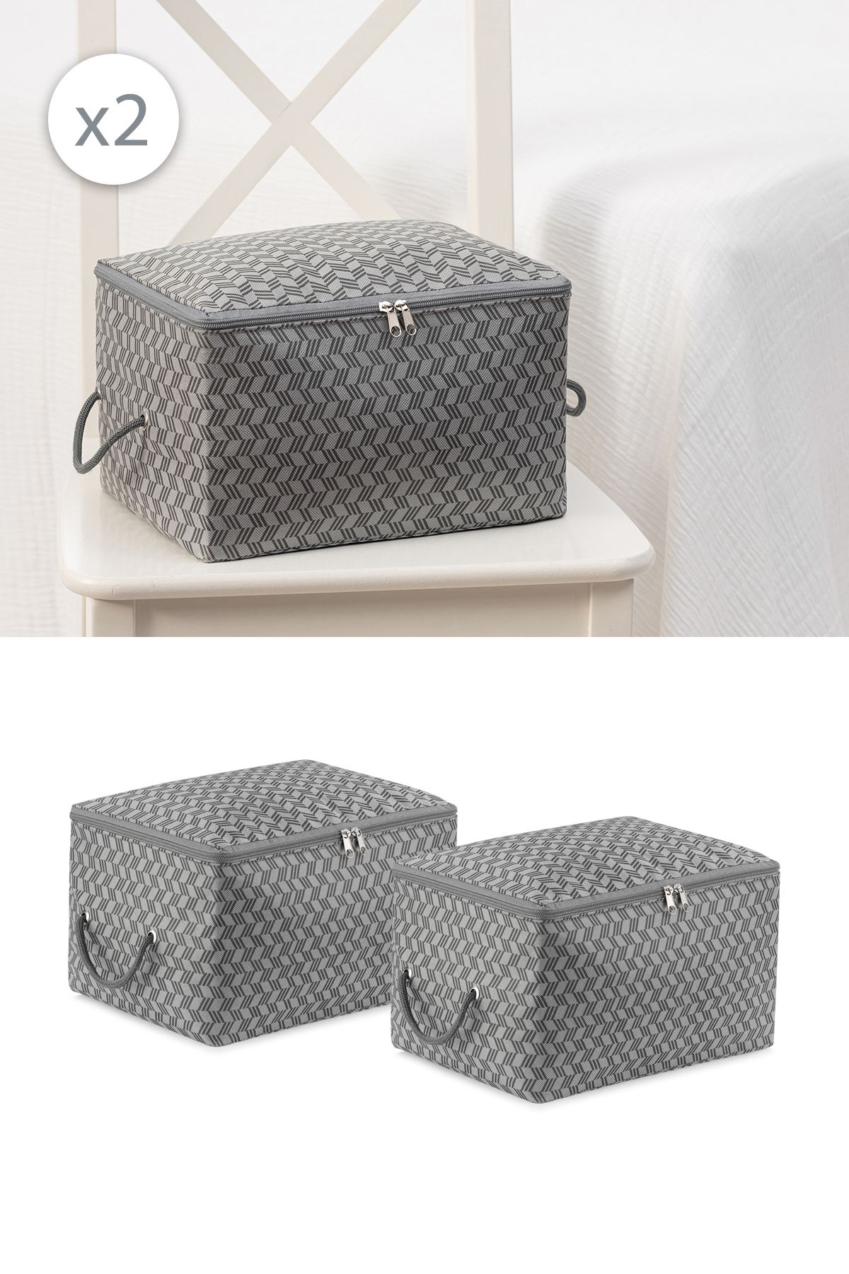 REKHOME-Set of 2 Herringbone Gray Small Size under Base Socks Suitcase Organizer Dowry Bundle Organizer Hurç 1