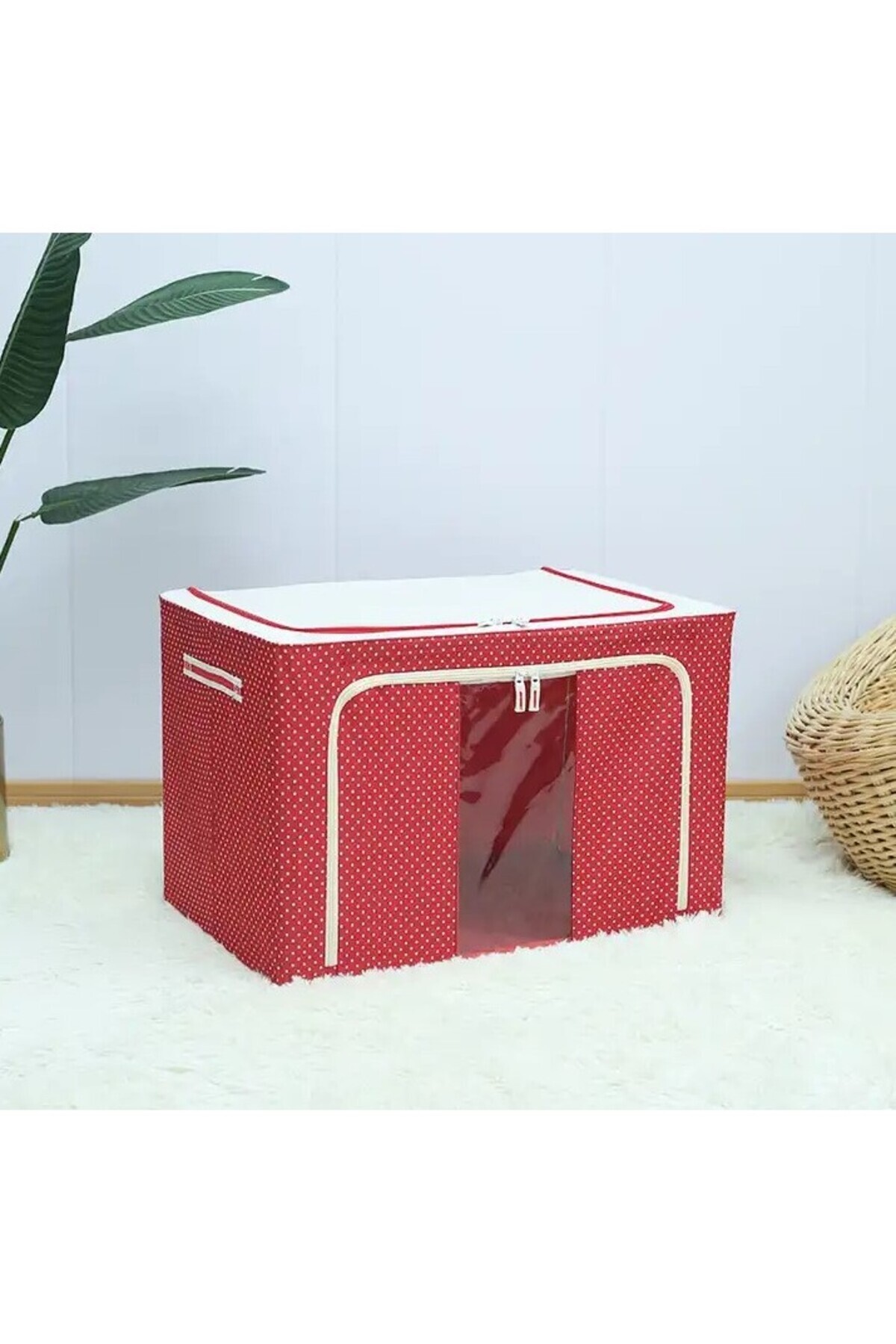 Flippy-Storage Box 24 L, Canvas 40x30x20 cm, Metal Frame, Plastic Base, Polka Dot Print, Red 3