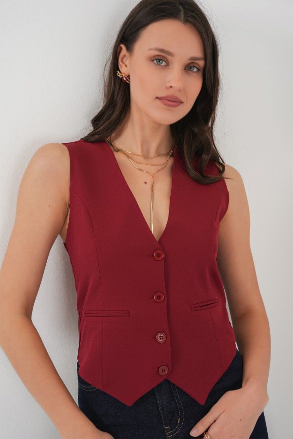 NOSTALJİX 6796 Kısa Dokuma Yelek - Bordo
