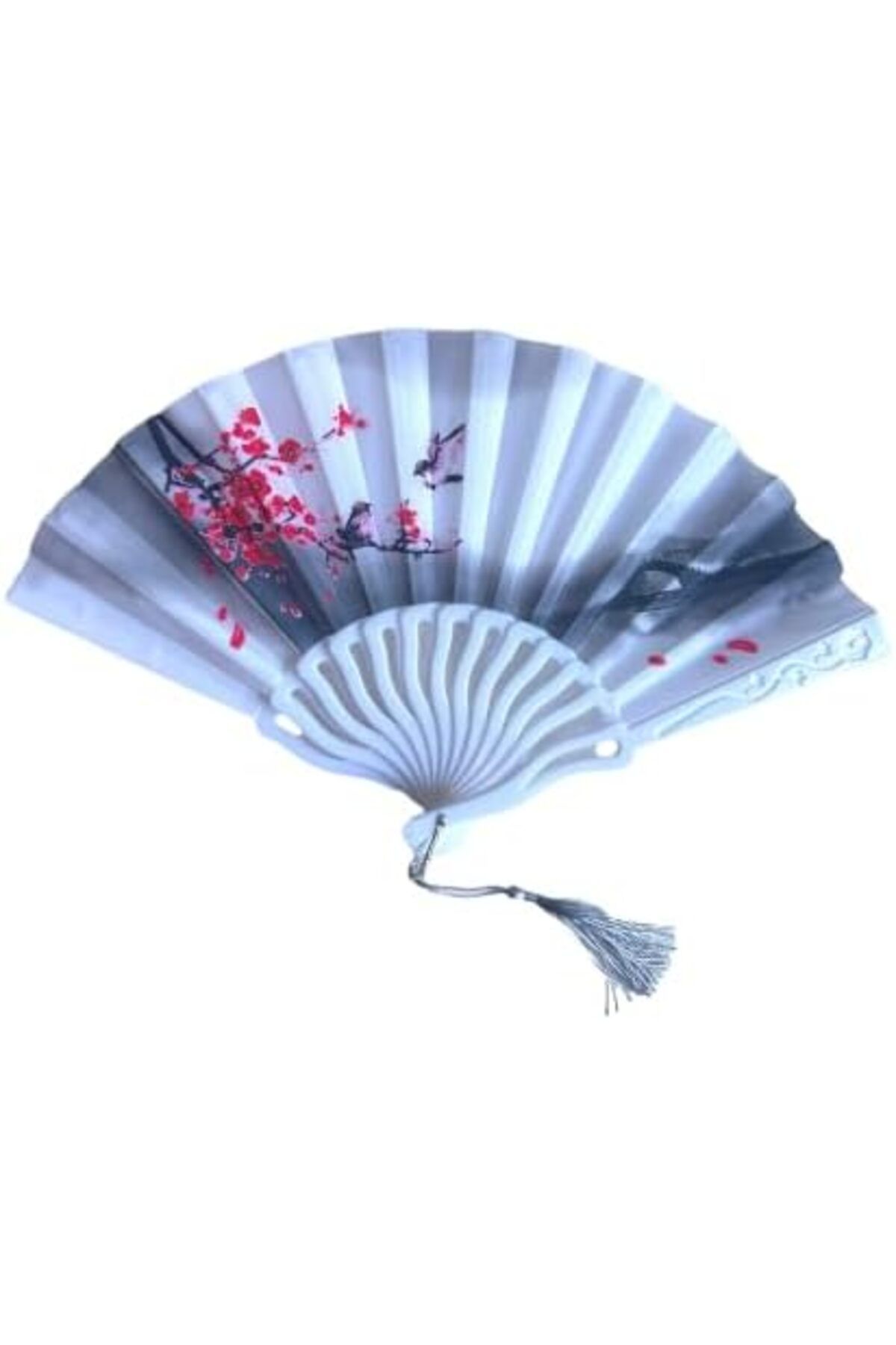 STOREMAX daiviolastore Japon El Yelpazesi, Kiraz Çiçeği Desenli, Beyaz, Püsküllü DLStore 990396