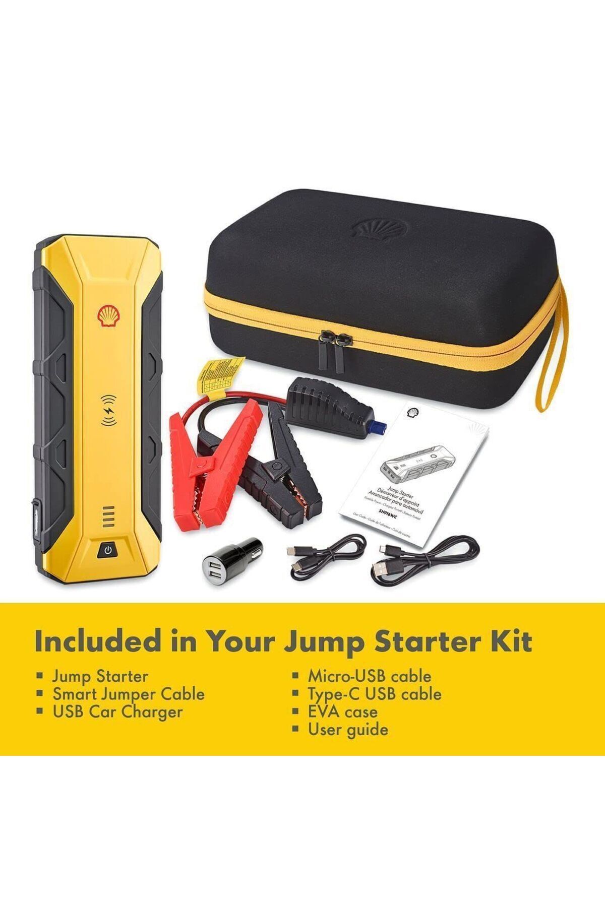 SHELL-Portable Car Jump Starter 12V/1200Ahm with Wireless Mobile Charging 16000mAh, 3 Mode Searching 9