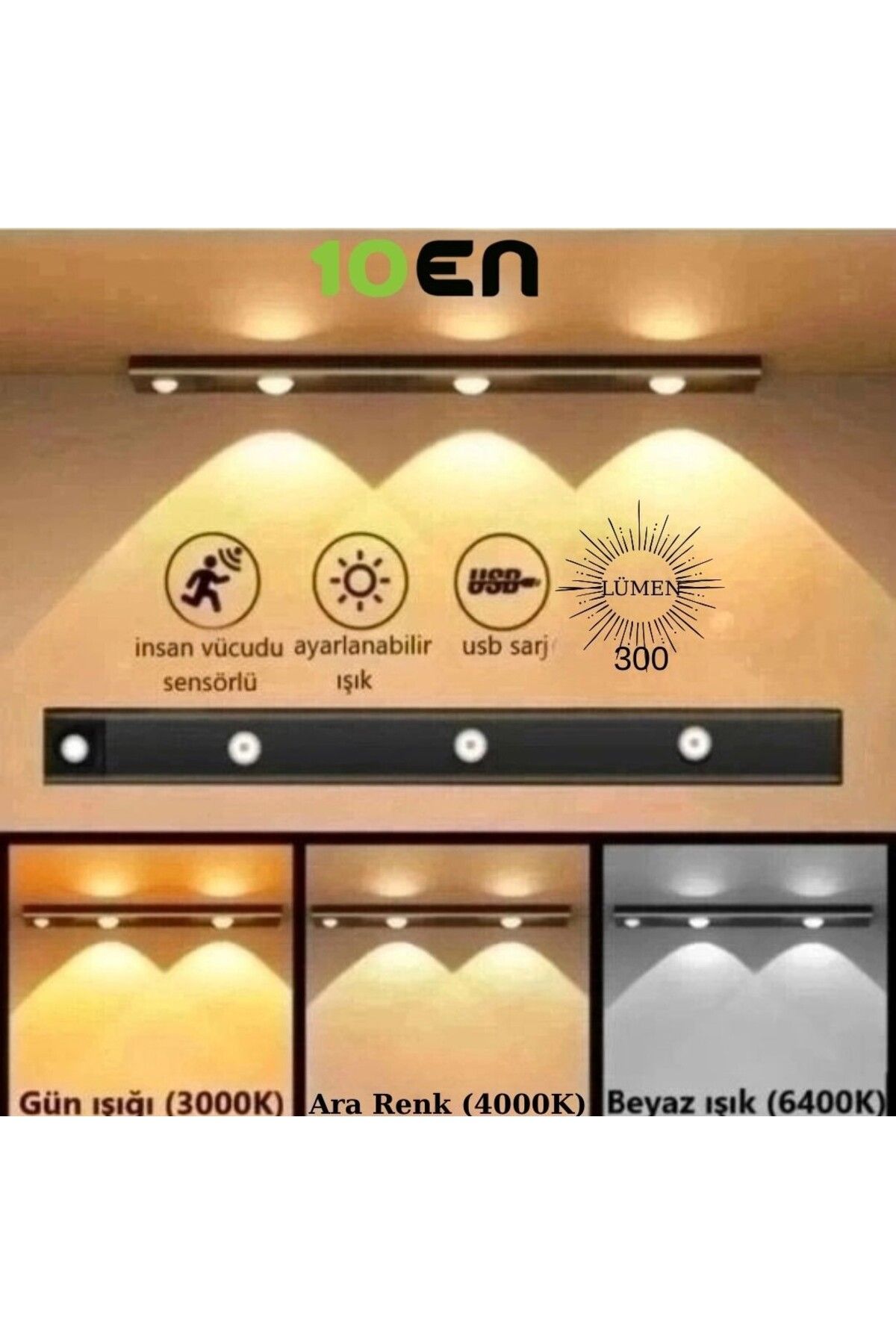 10EN Sensörlü Şarjlı Yapışkanlı Kabinet Armatür - 3 Işık Rengi