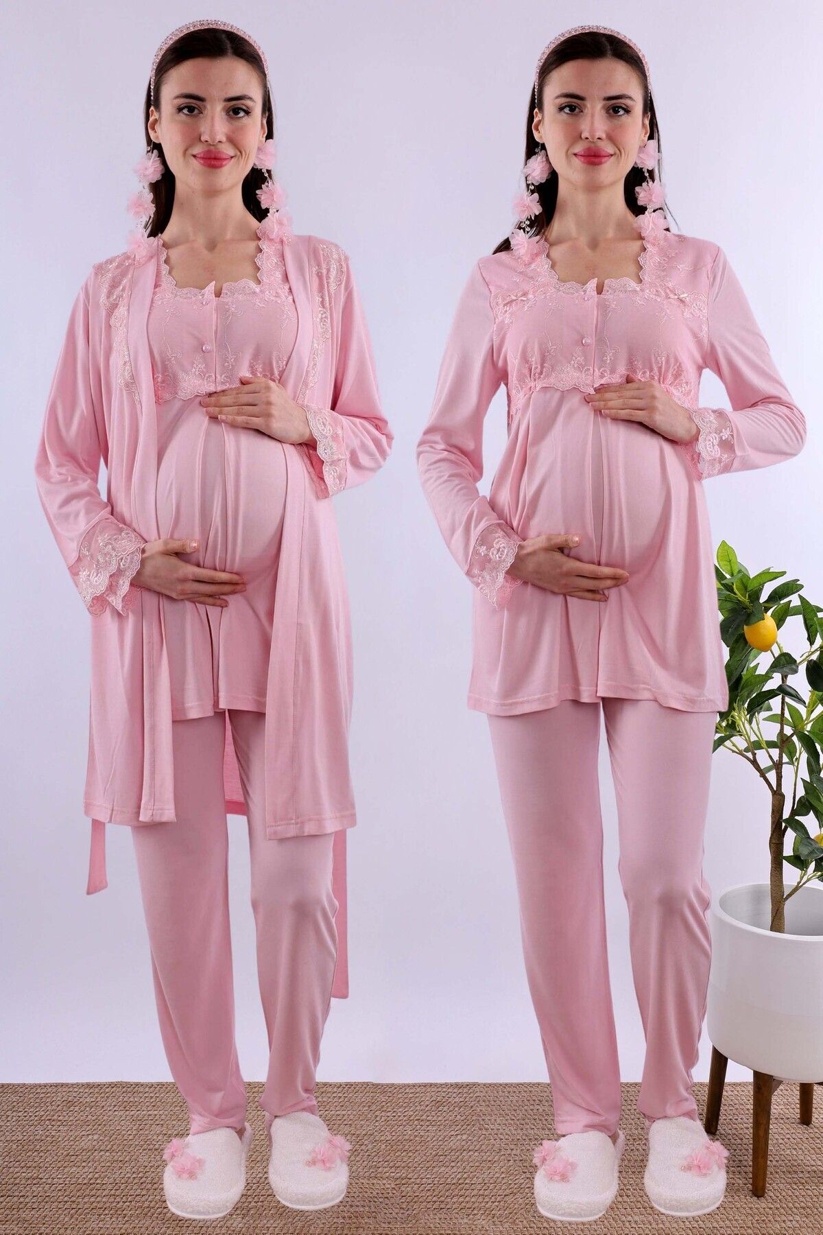 ByLohusa Effortt Pembe Sabahlıklı Hamile Lohusa Pijama Takımı Byl224012