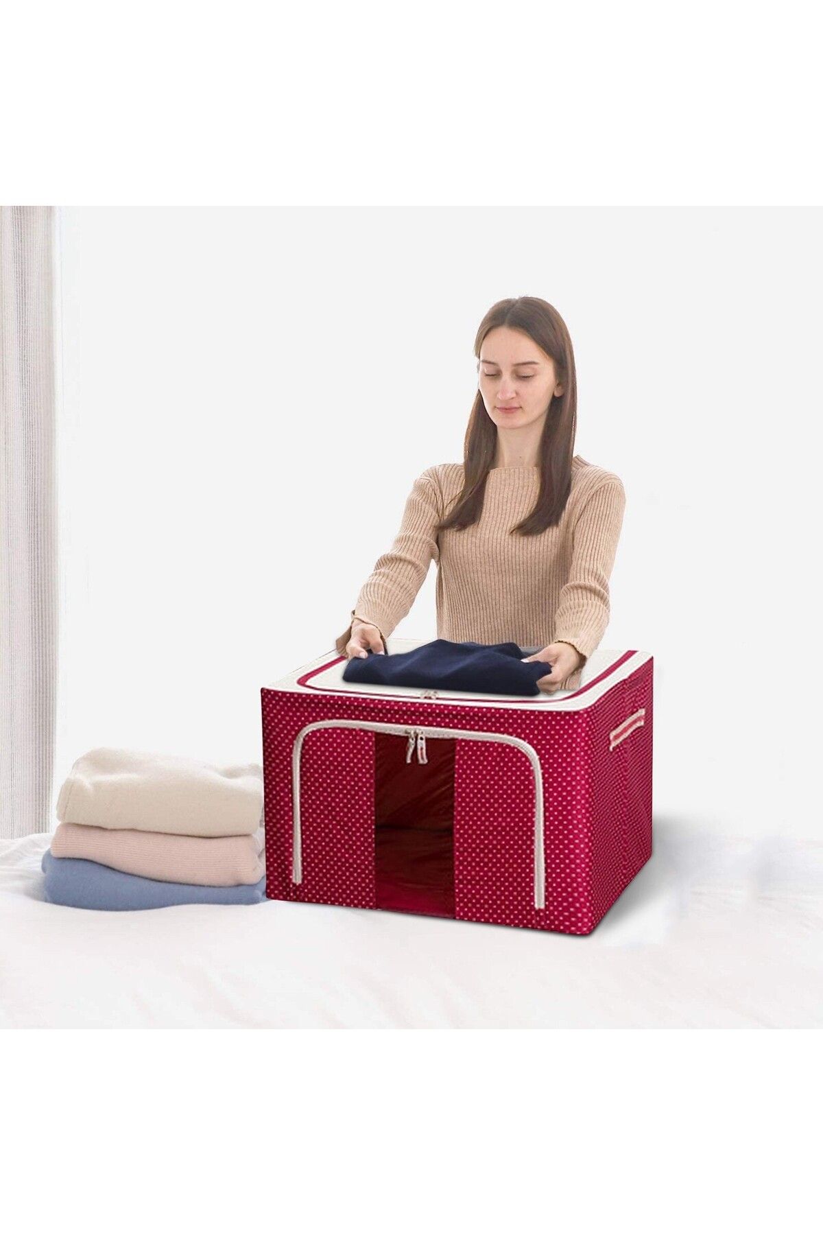 Flippy-Storage Box 24 L, Canvas 40x30x20 cm, Metal Frame, Plastic Base, Polka Dot Print, Red 4