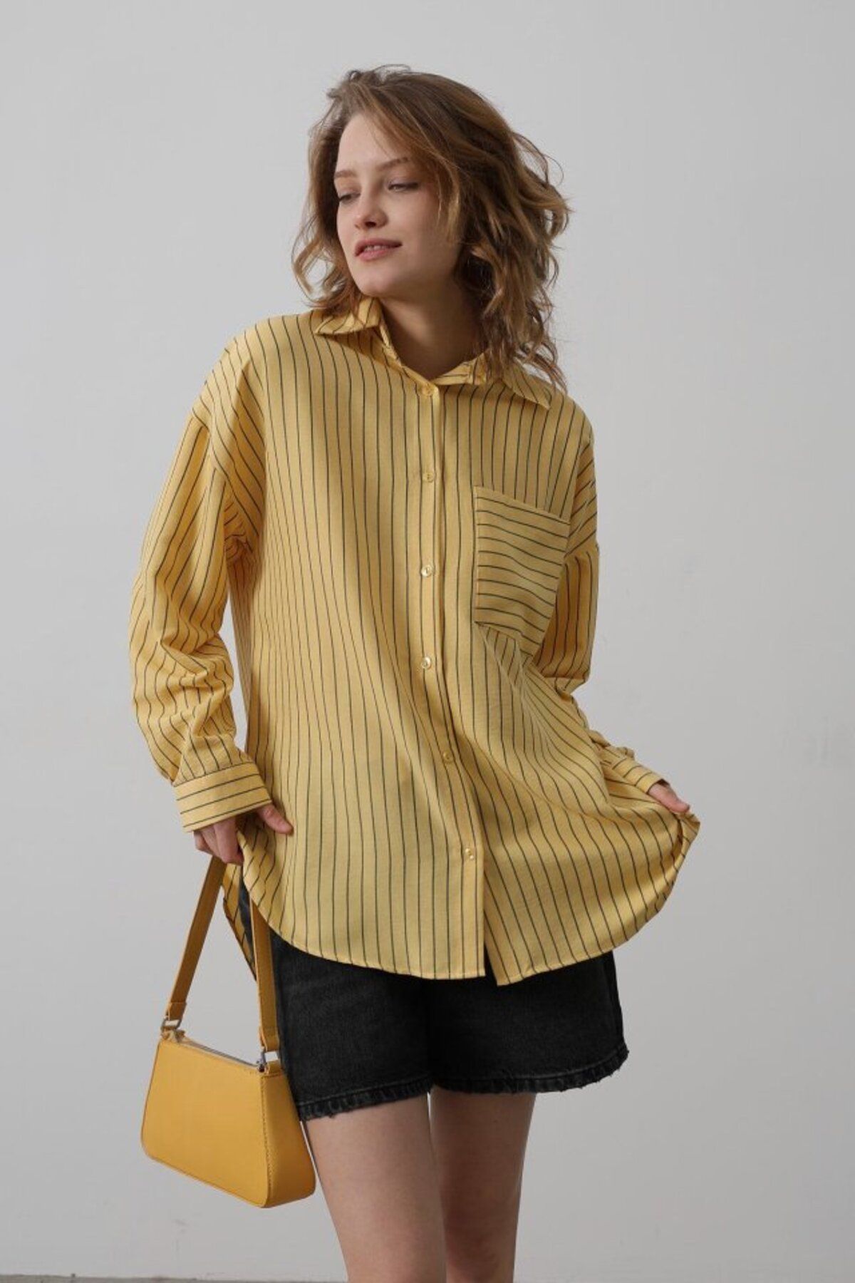velmorafashion Çizgili Tek Cep Gömlek - Sarı