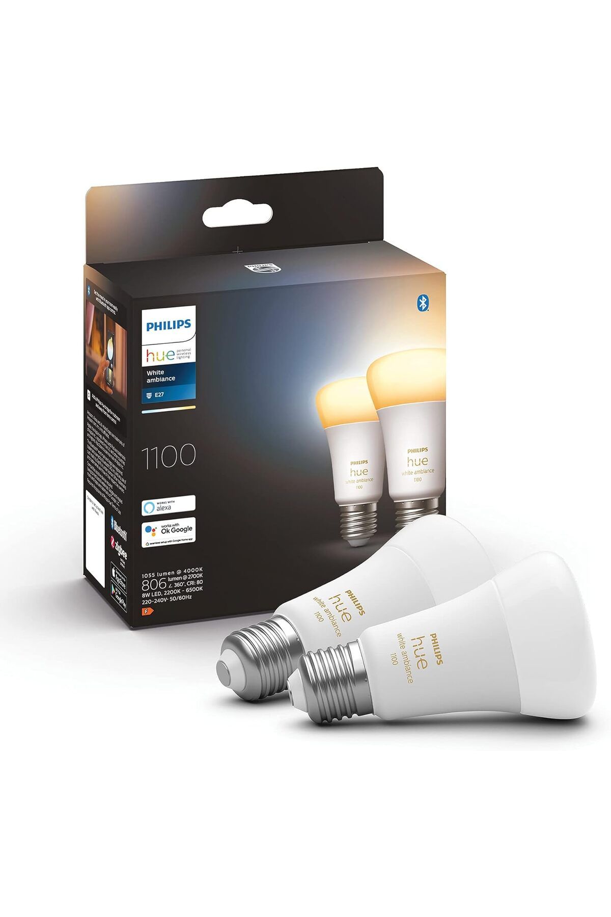 STOREMAX nffashopm HueWA 8-75W Beyaz Ambiyans Akıllı E27 Led Ampul 2'li Ekopaket, Bluetooth Özellikli stor