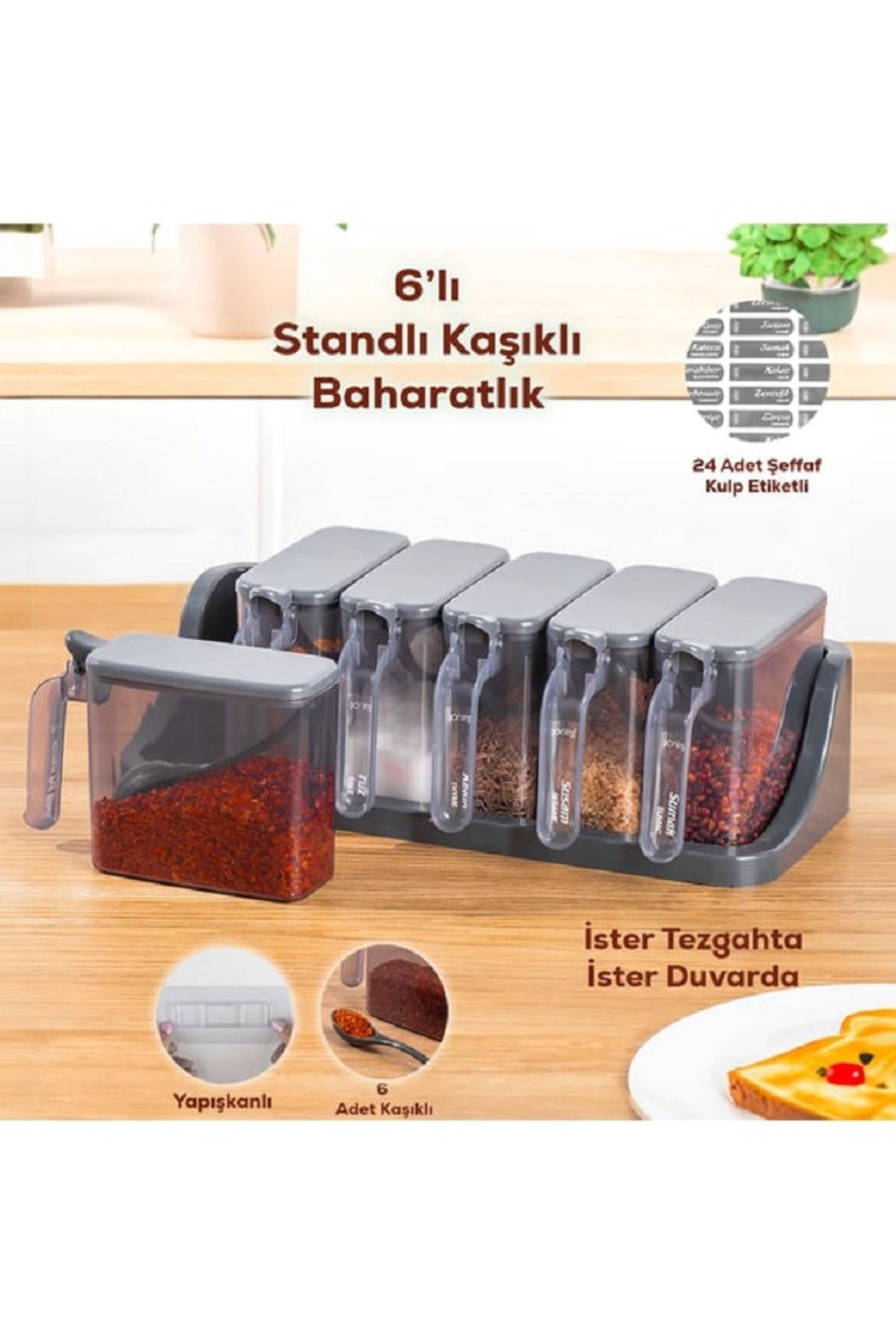 kaya avm Stantlı 6'Lı Siyah Tezgah Üstü Kaşıklı Baharat Takımı Yapışkanlı Duvara Monte